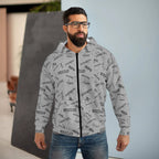 Resist All - Over Print multilingual Zip Hoodie, Grey background with Text Pattern