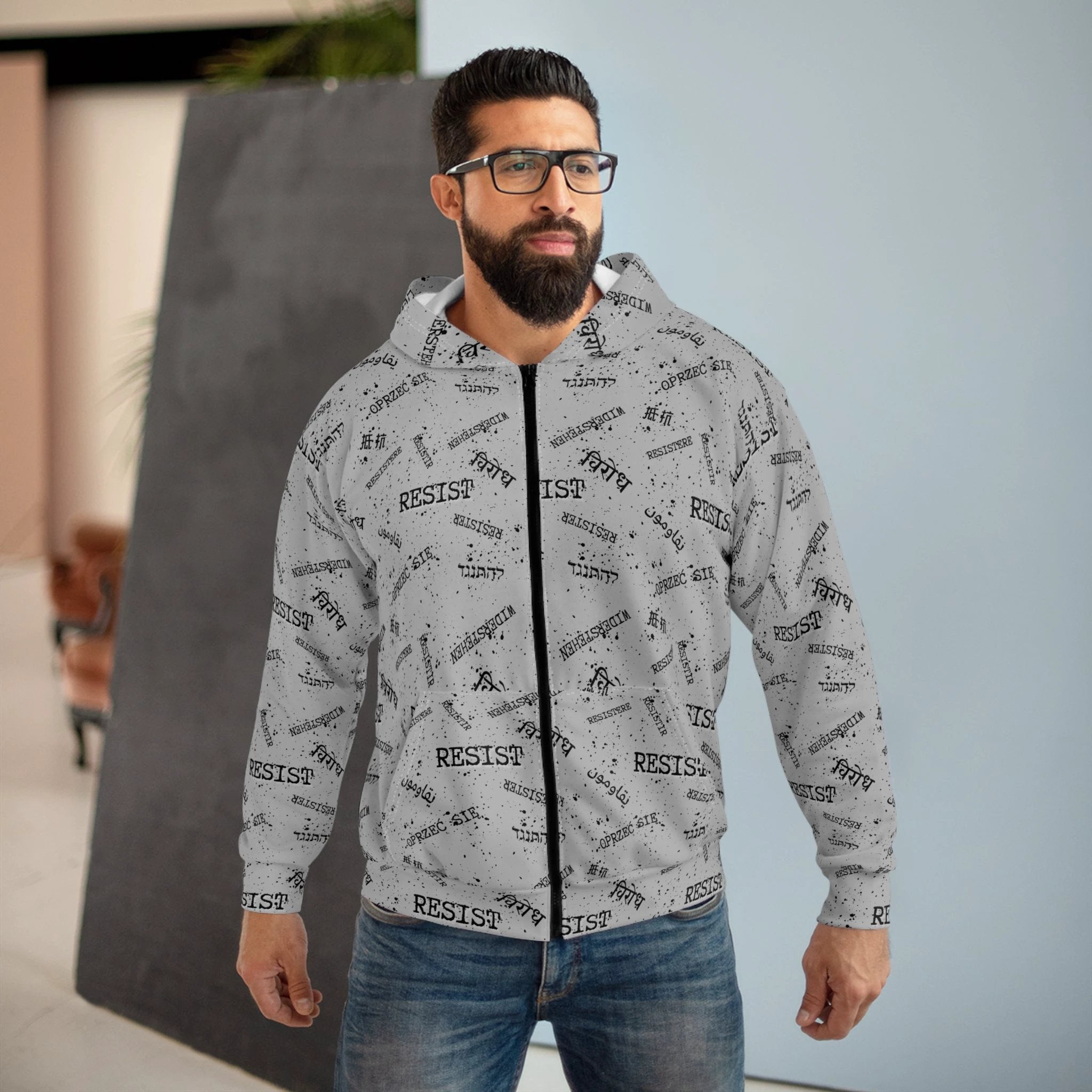 Resist All - Over Print multilingual Zip Hoodie, Grey background with Text Pattern