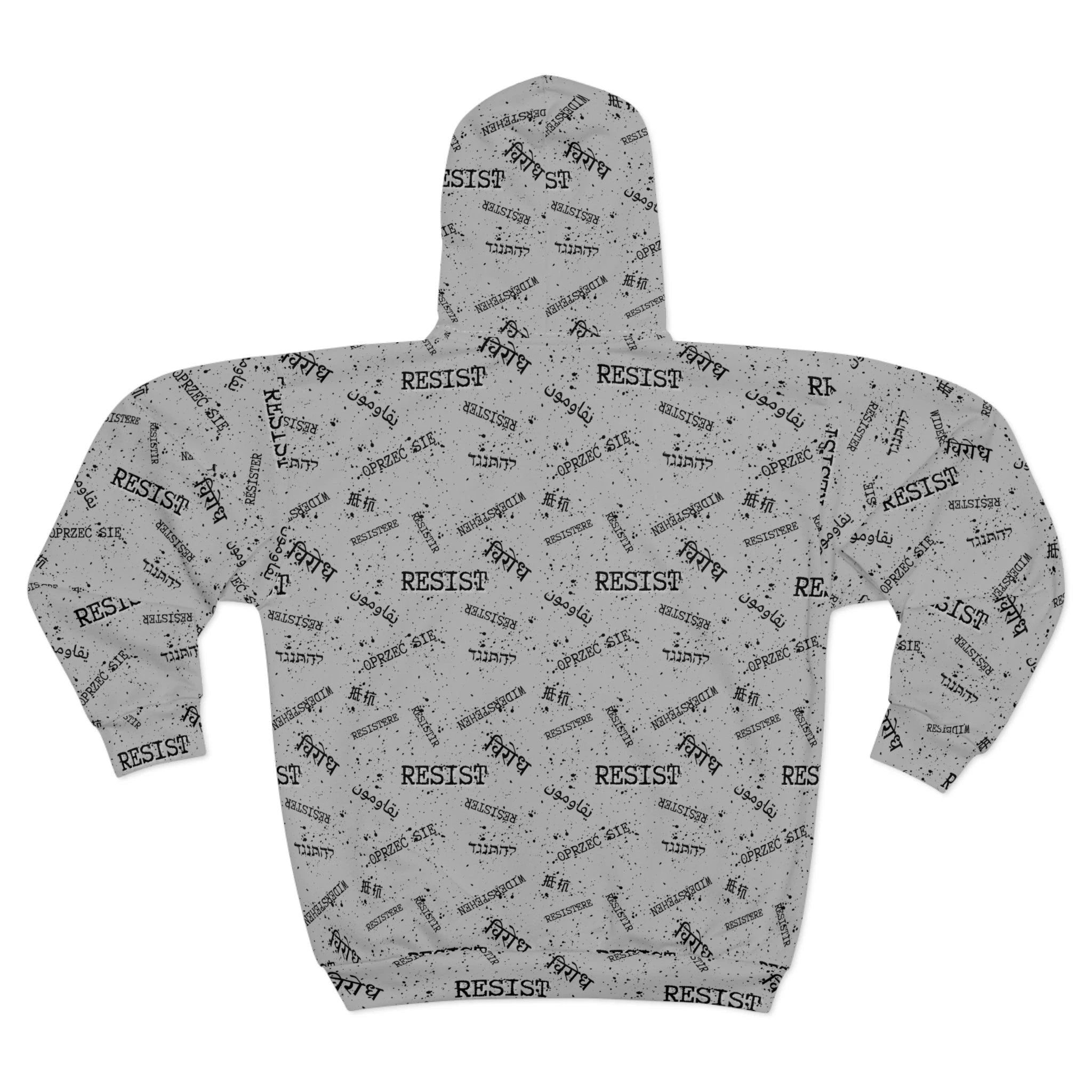 Resist All - Over Print multilingual Zip Hoodie, Grey background with Text Pattern