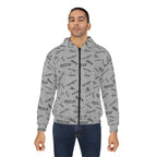 Resist All - Over Print multilingual Zip Hoodie, Grey background with Text Pattern