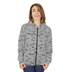 Resist All - Over Print multilingual Zip Hoodie, Grey background with Text Pattern