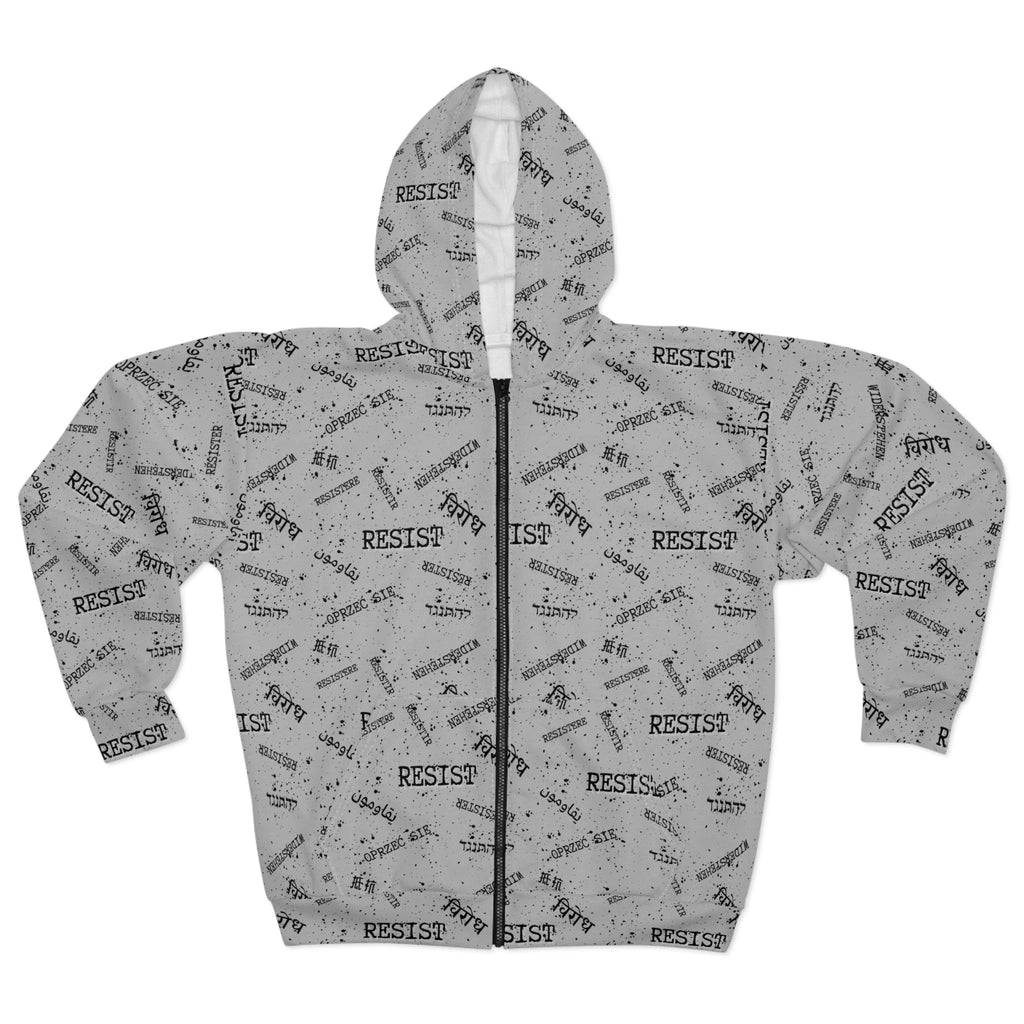Resist All - Over Print multilingual Zip Hoodie, Grey background with Text Pattern
