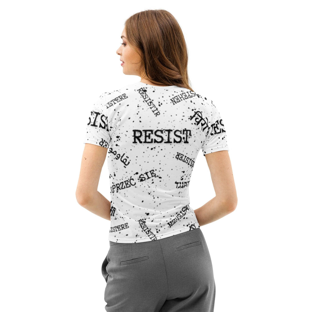 RESIST oprzeć się resistir multilingual Women’s cotton crew neck t-shirt for polyglot activists