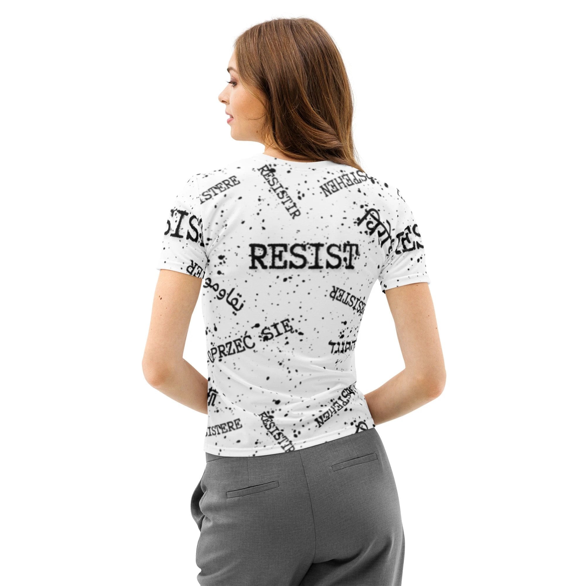 RESIST oprzeć się resistir multilingual Women’s cotton crew neck t-shirt for polyglot activists