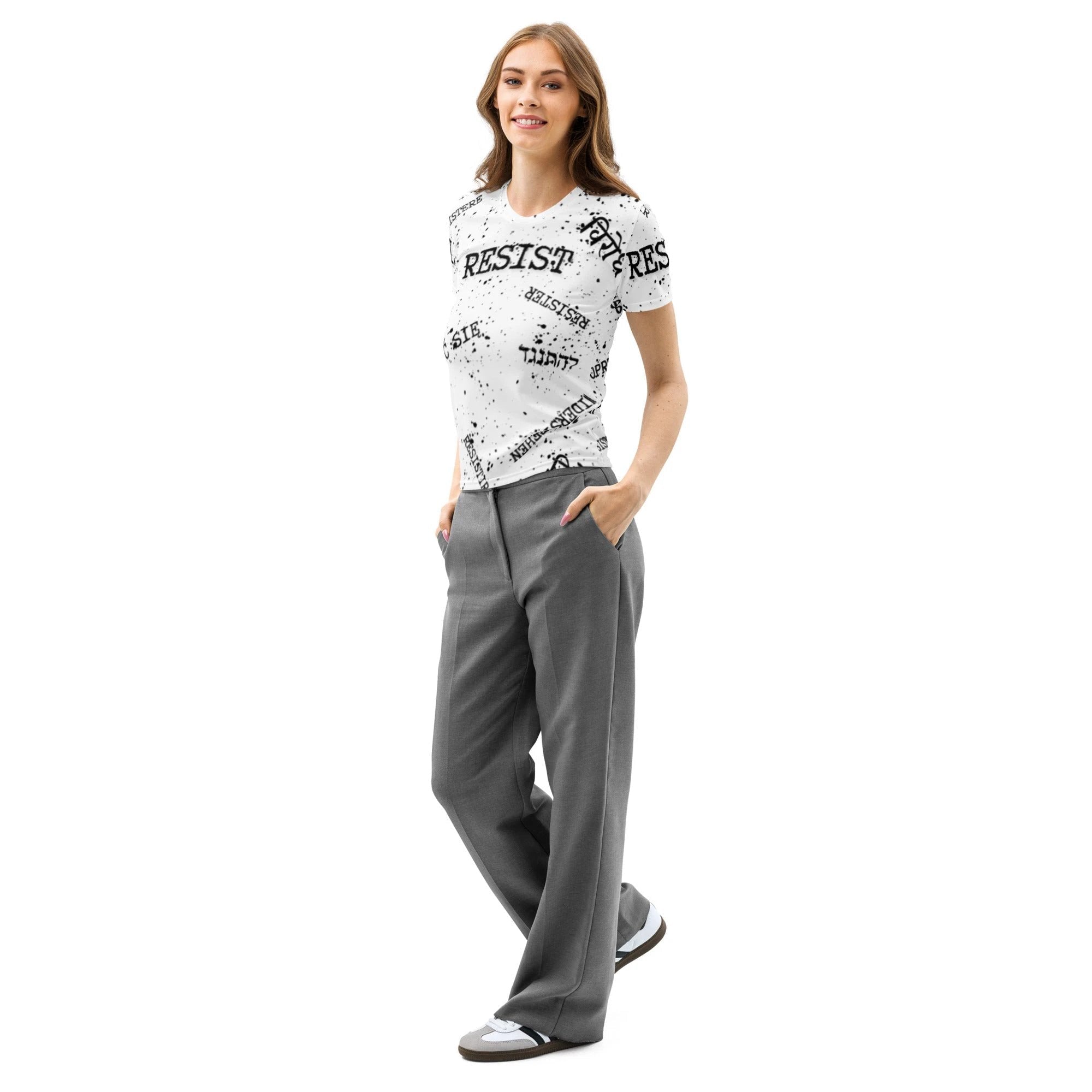 RESIST oprzeć się resistir multilingual Women’s cotton crew neck t-shirt for polyglot activists