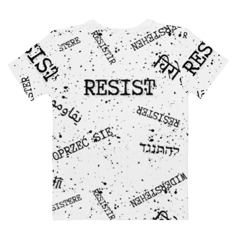 RESIST oprzeć się resistir multilingual Women’s cotton crew neck t-shirt for polyglot activists