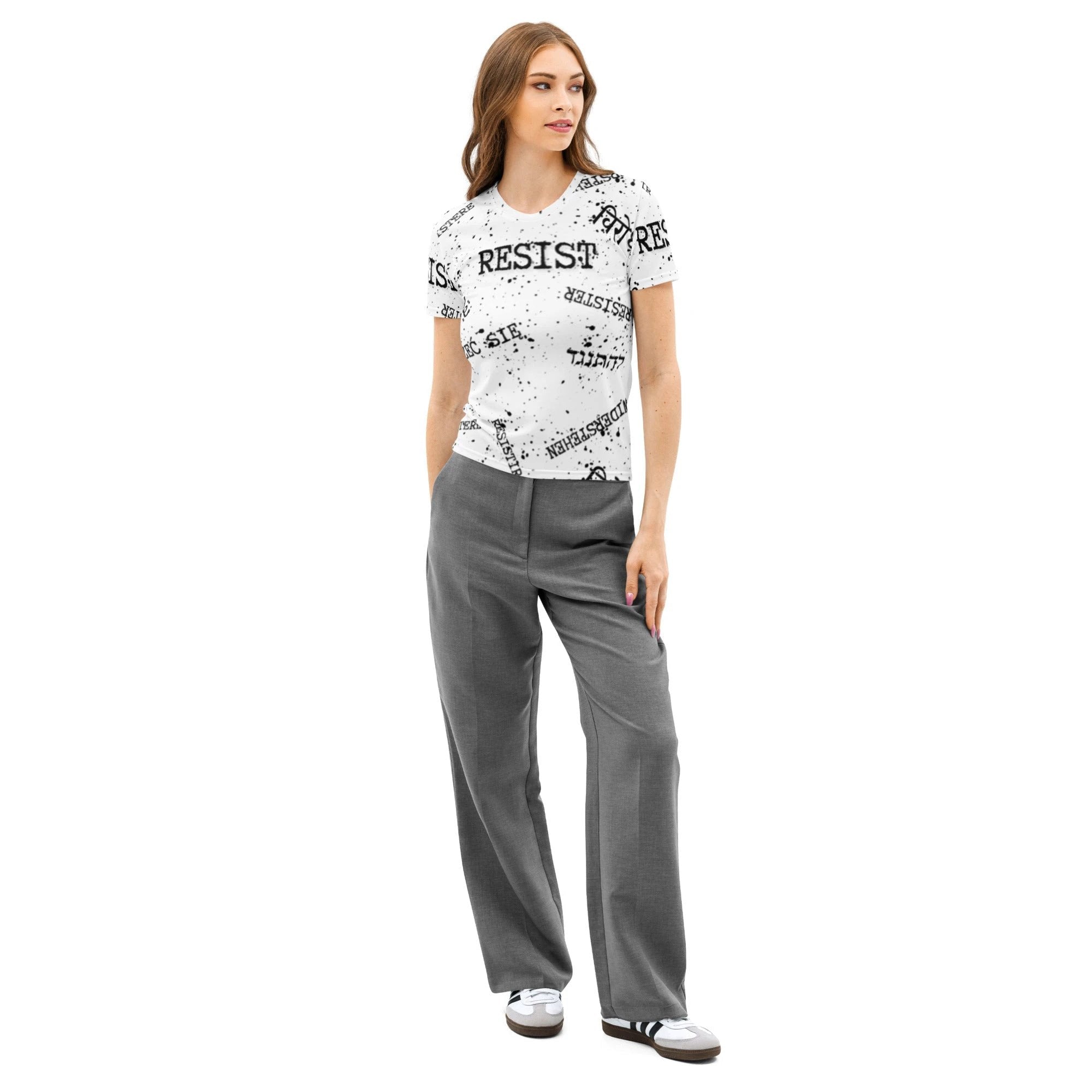 RESIST oprzeć się resistir multilingual Women’s cotton crew neck t-shirt for polyglot activists