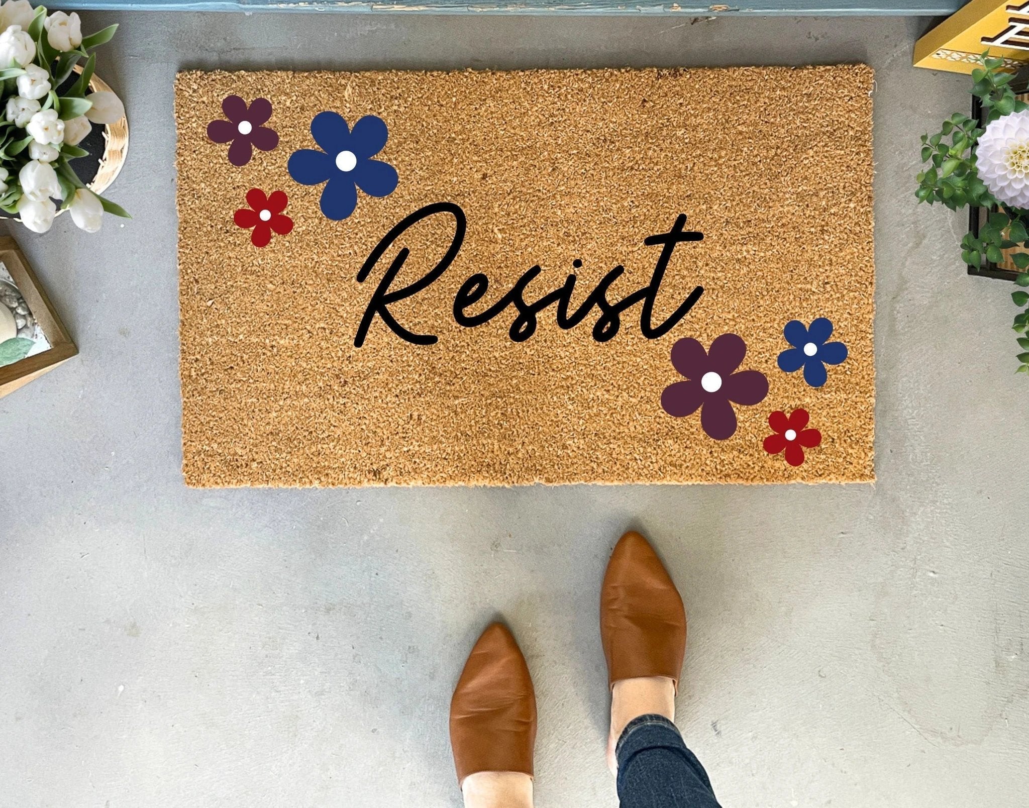 Resist Political Doormat with Flowers by Nickel Designs Custom Doormats