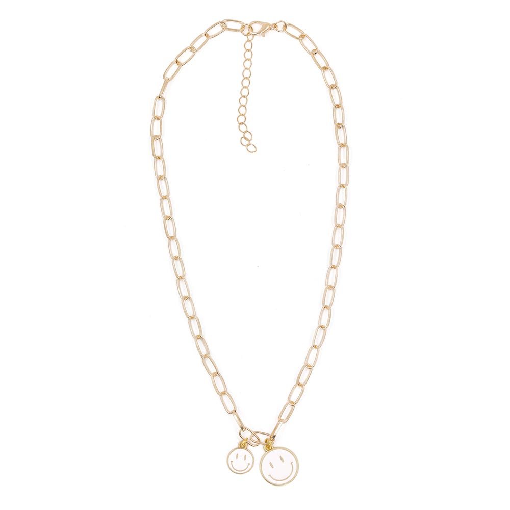Retro '80s - '90s Dual Happy Face Charm Necklace | 4 Color Options | Yellow, Black, White, Pink