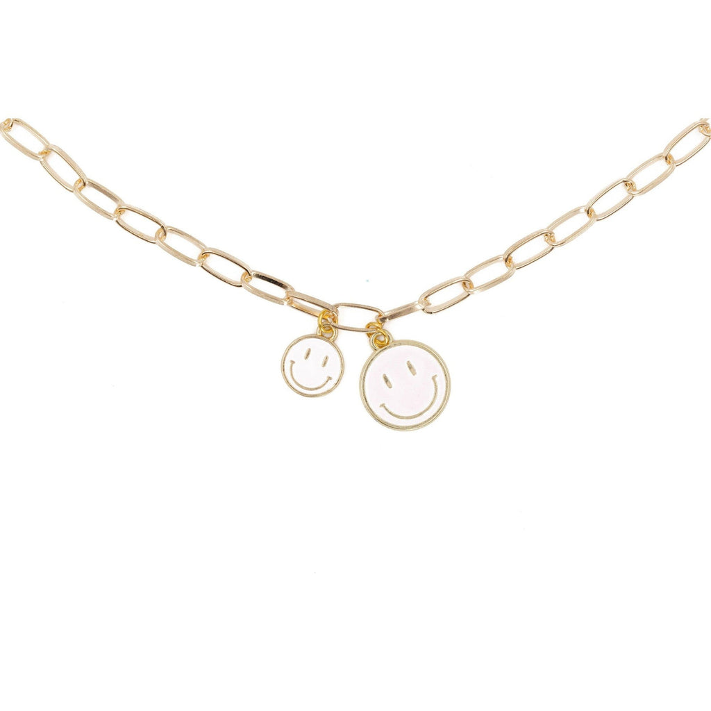 Retro '80s - '90s Dual Happy Face Charm Necklace | 4 Color Options | Yellow, Black, White, Pink