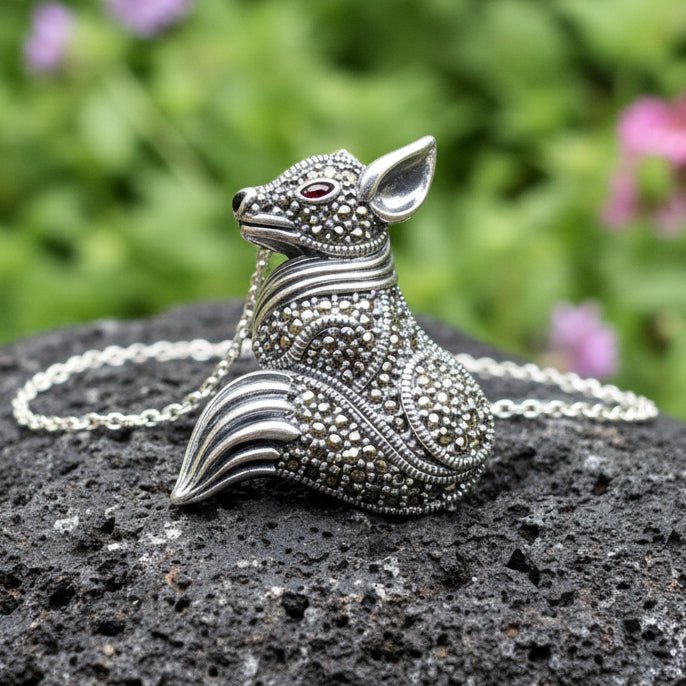 Reynard Marcasite Fox Necklace in Sterling Silver Brooch La Vie Bien Reynard Marcasite Fox Necklace in Sterling Silver