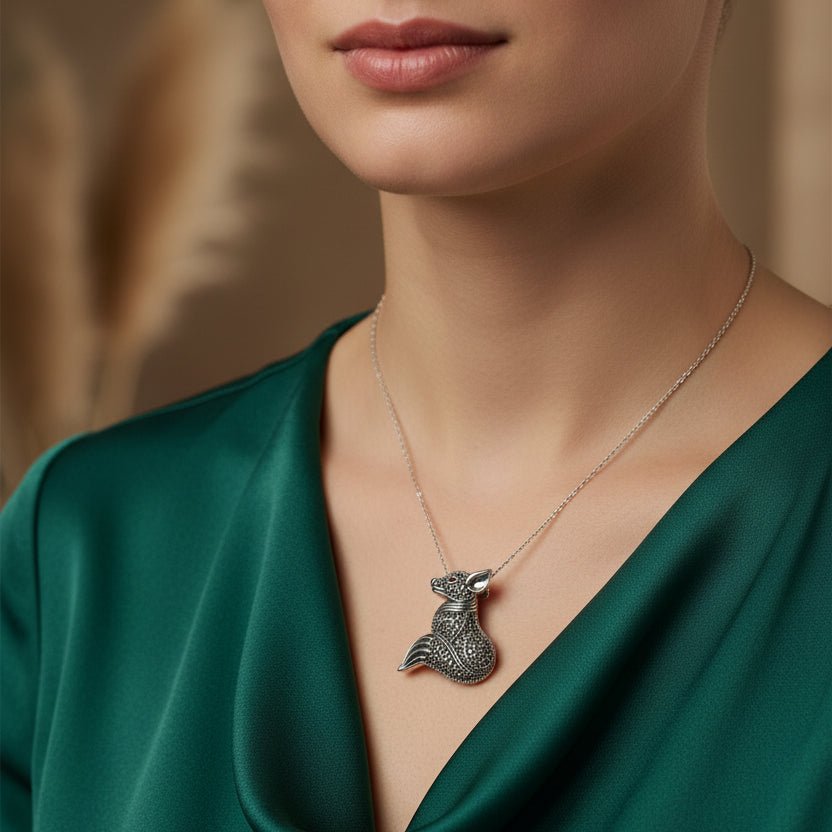 Reynard Marcasite Fox Necklace in Sterling Silver Brooch La Vie Bien Reynard Marcasite Fox Necklace in Sterling Silver