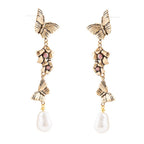 Rhodonite and White Pearl Golden Butterflies Post Drop Earrings by Barse Jewelry