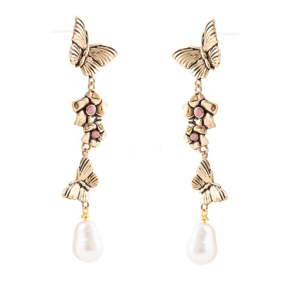 Rhodonite and White Pearl Golden Butterflies Post Drop Earrings by Barse Jewelry