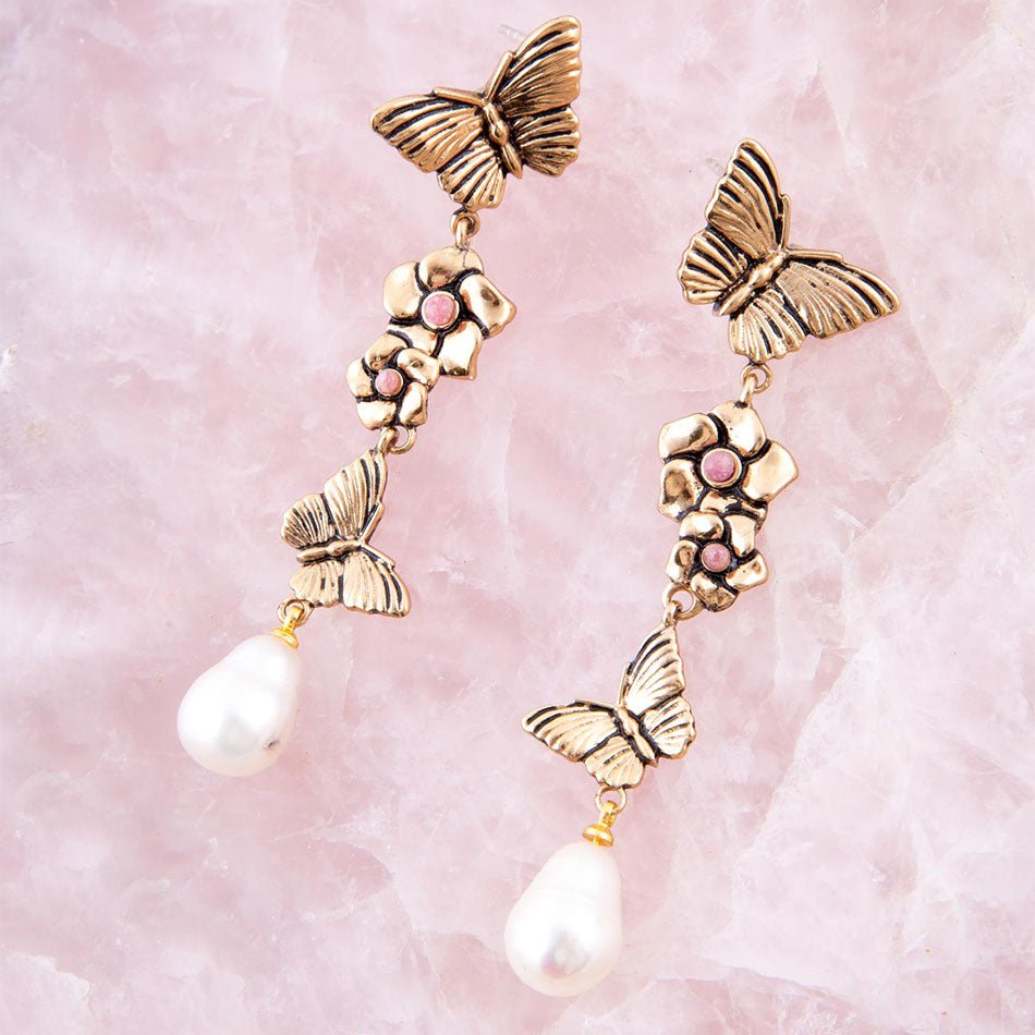 Rhodonite and White Pearl Golden Butterflies Post Drop Earrings by Barse Jewelry
