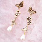 Rhodonite and White Pearl Golden Butterflies Post Drop Earrings by Barse Jewelry