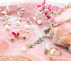 Rhodonite and White Pearl Golden Butterflies Post Drop Earrings by Barse Jewelry