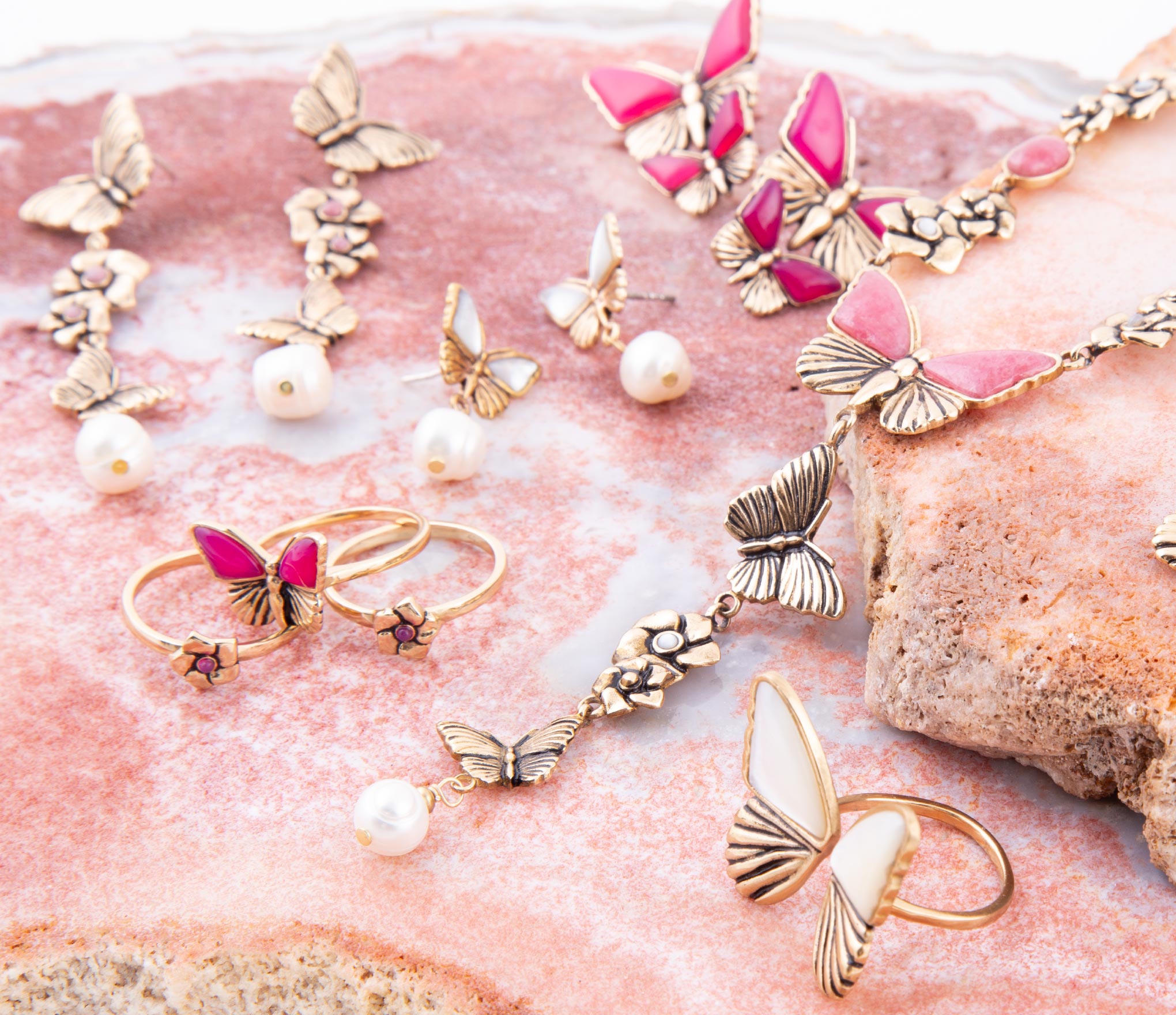 Rhodonite and White Pearl Golden Butterflies Post Drop Earrings by Barse Jewelry