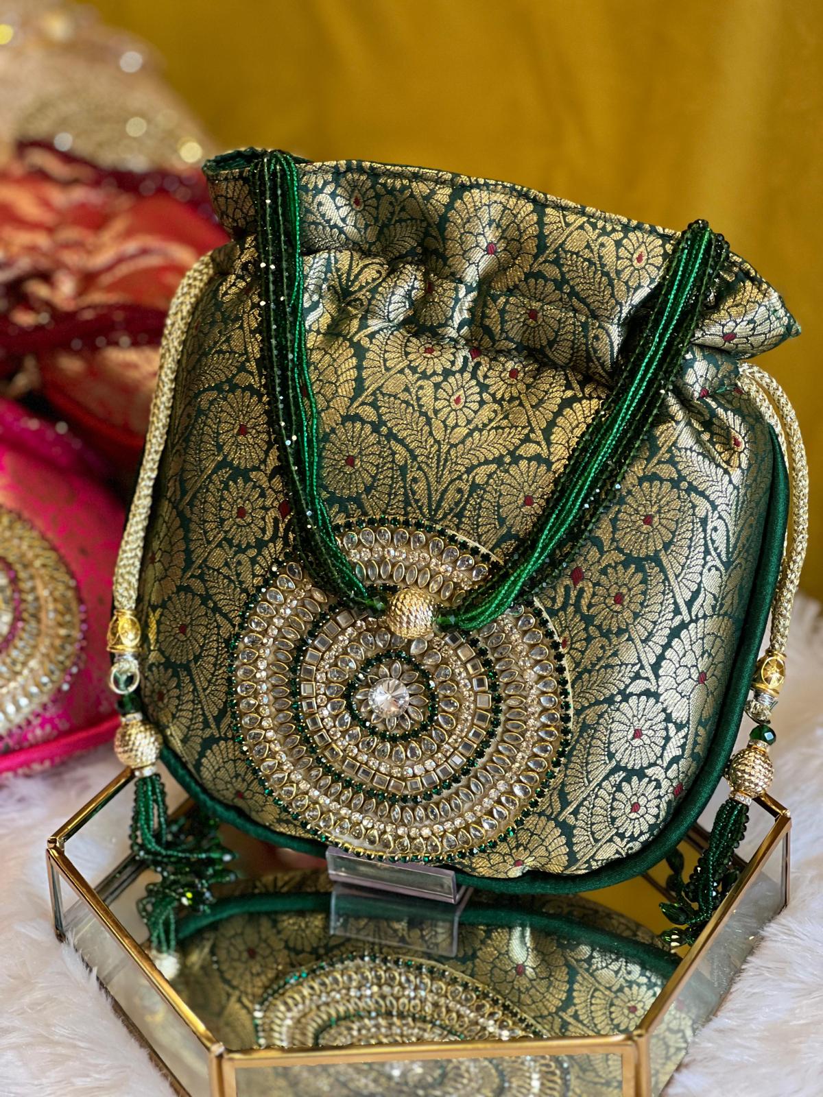 Rich Brocade Zari Potli Bag with Circular Motif With Stone La Vie Bien Rich Brocade Zari Potli Bag with Circular Motif With Stone