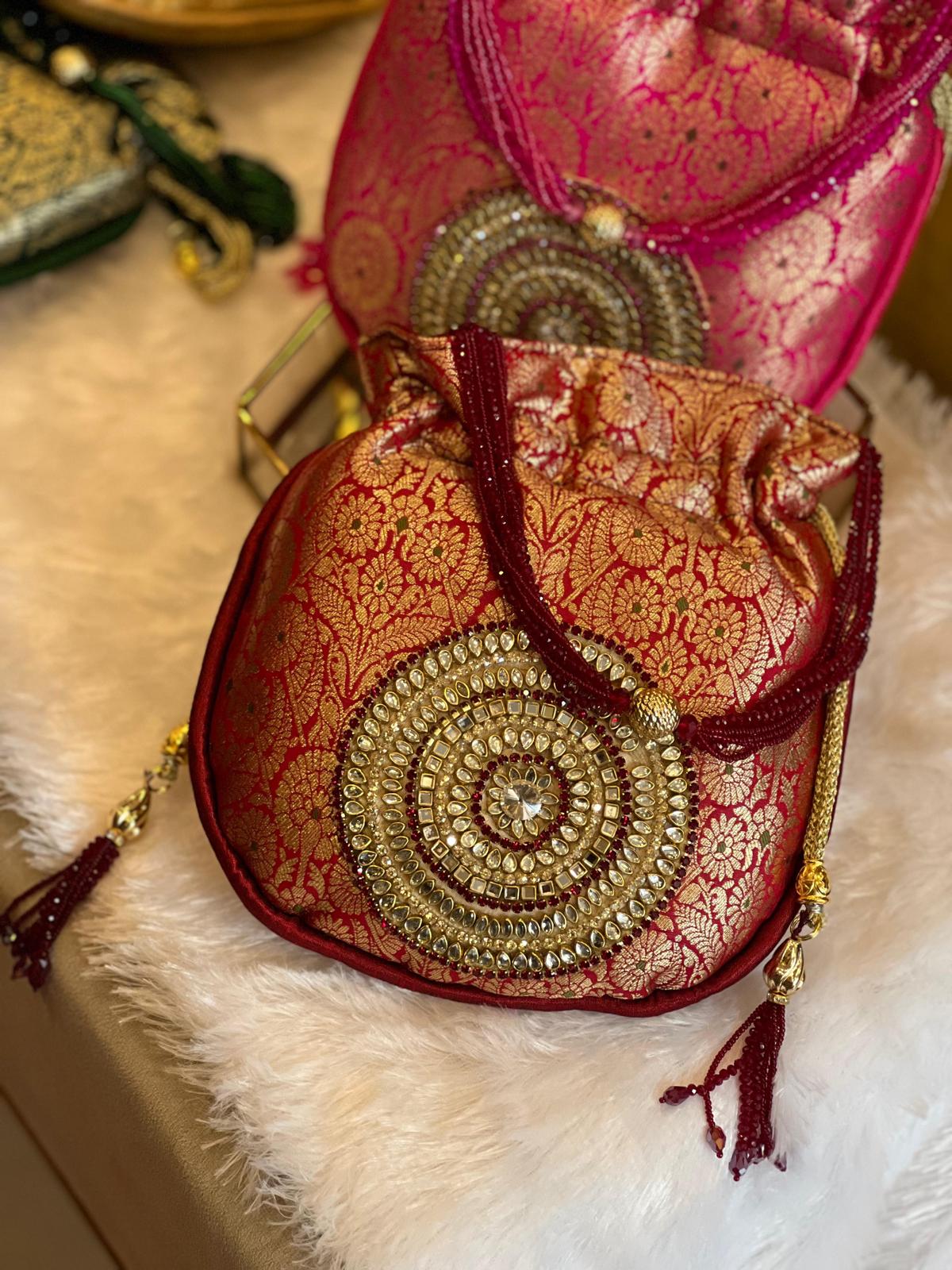Rich Brocade Zari Potli Bag with Circular Motif With Stone La Vie Bien Rich Brocade Zari Potli Bag with Circular Motif With Stone