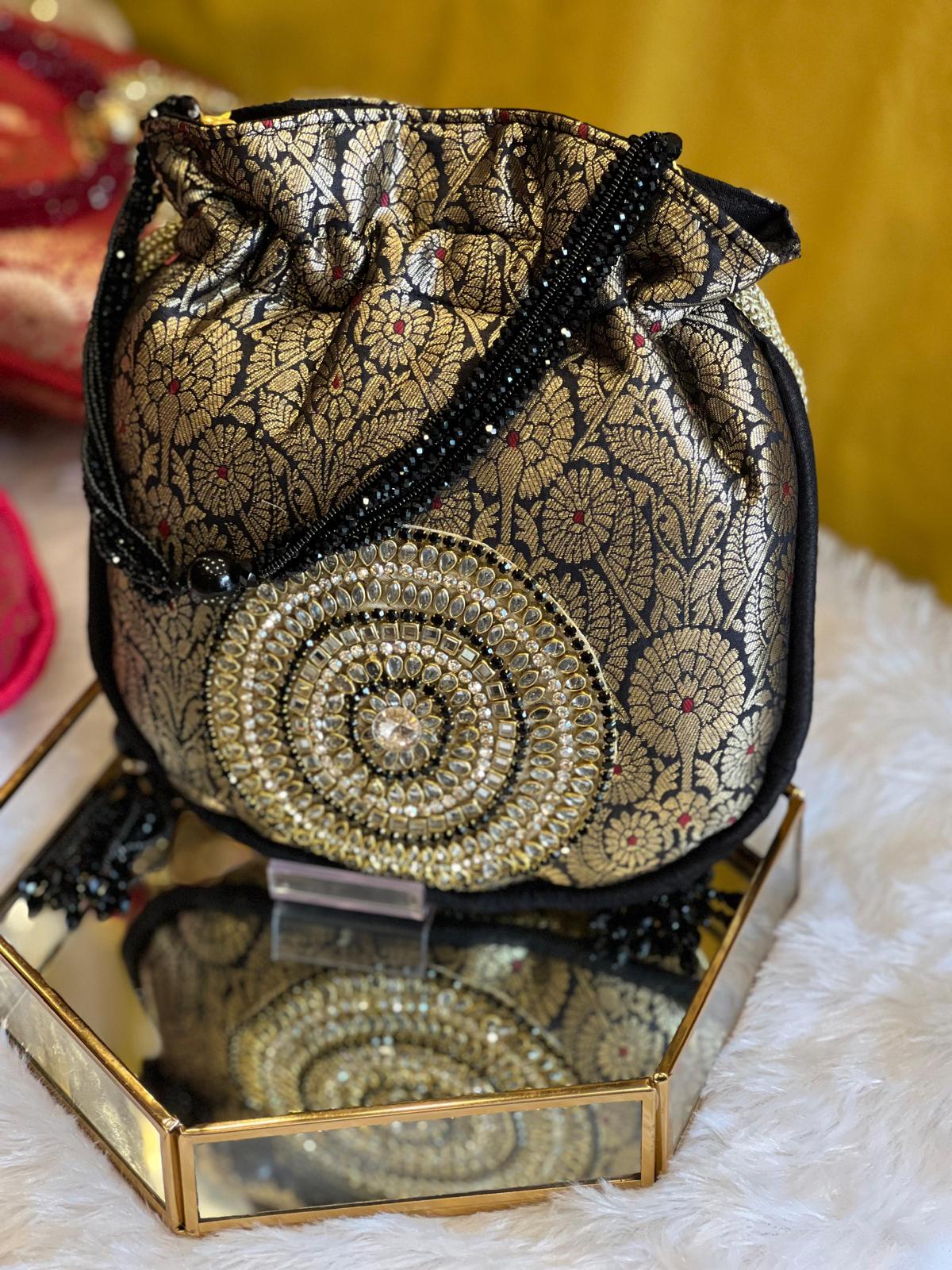 Rich Brocade Zari Potli Bag with Circular Motif With Stone La Vie Bien Rich Brocade Zari Potli Bag with Circular Motif With Stone