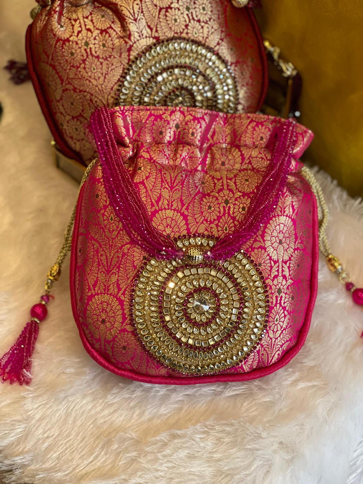 Rich Brocade Zari Potli Bag with Circular Motif With Stone La Vie Bien Rich Brocade Zari Potli Bag with Circular Motif With Stone