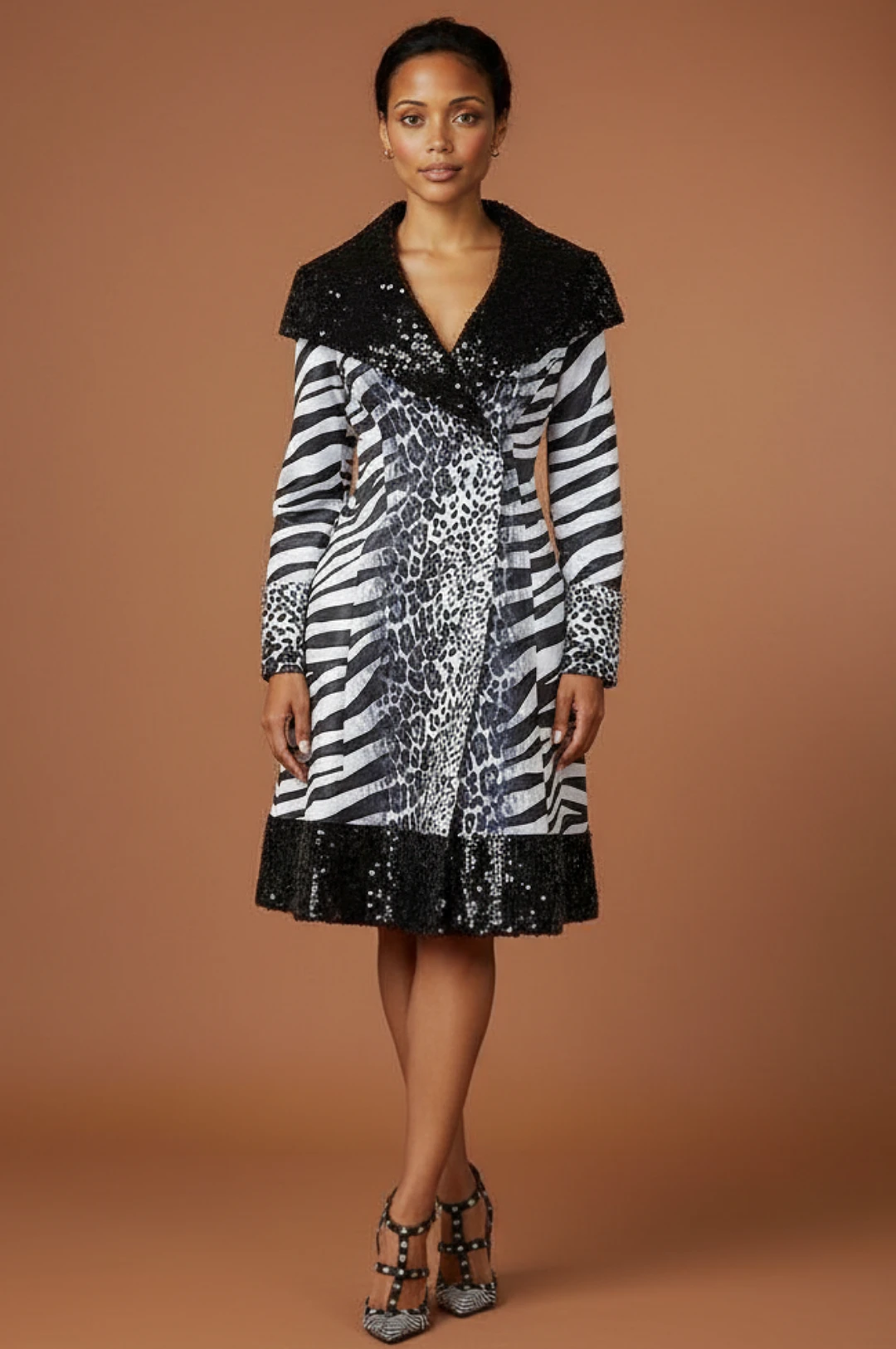 Black Sequin Animal Print Coat Dress by Social Butterfly Collection
