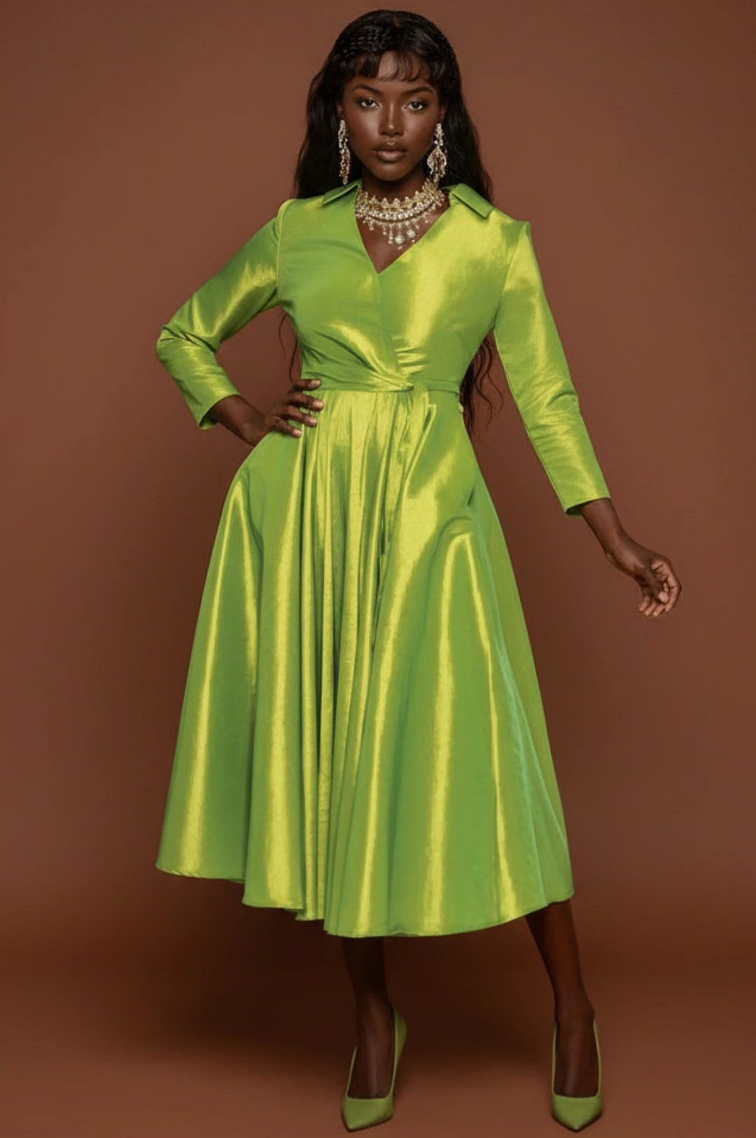 Green Classic Style Faux Wrap Dress by Social Butterfly Collection