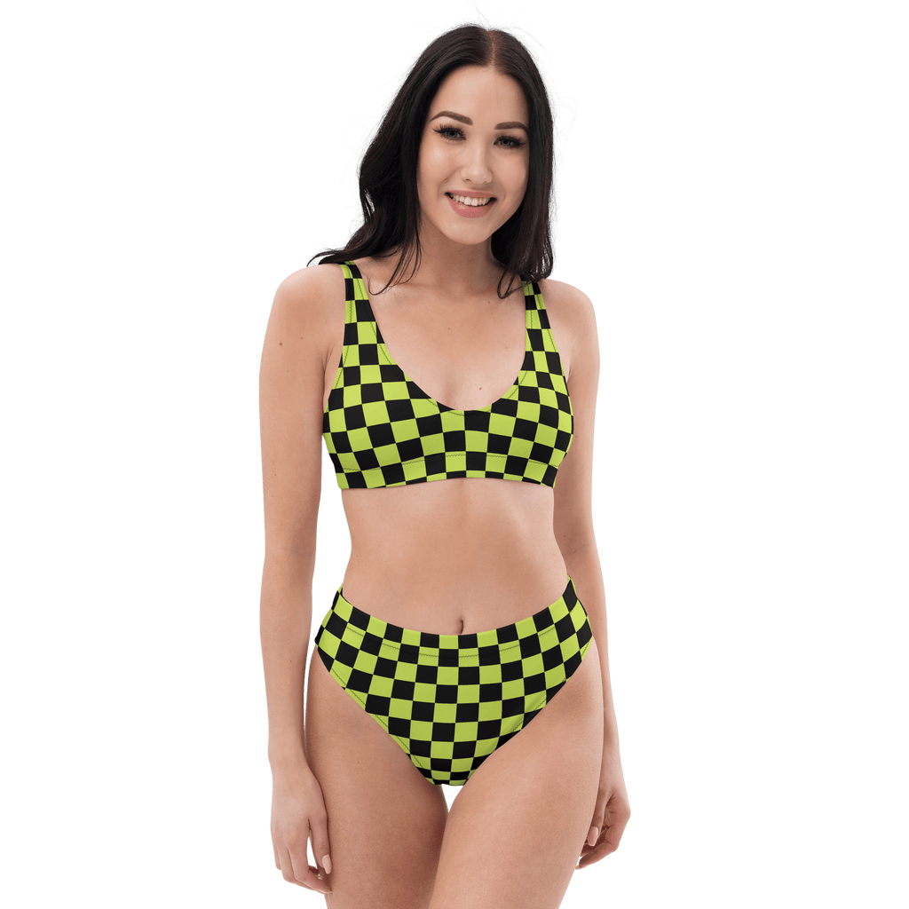 Lime green and black checkered high-waisted bikini