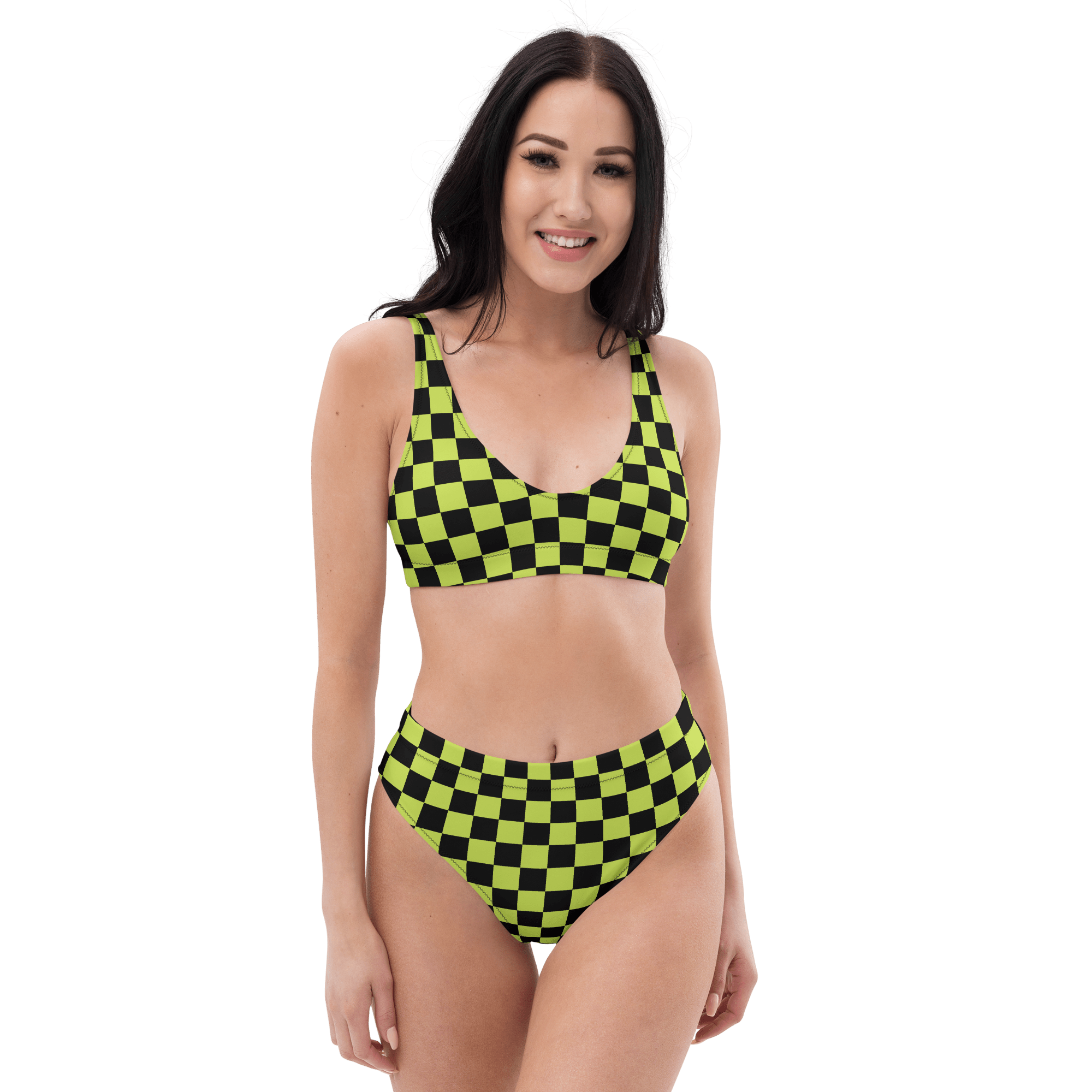 Lime green and black checkered high-waisted bikini