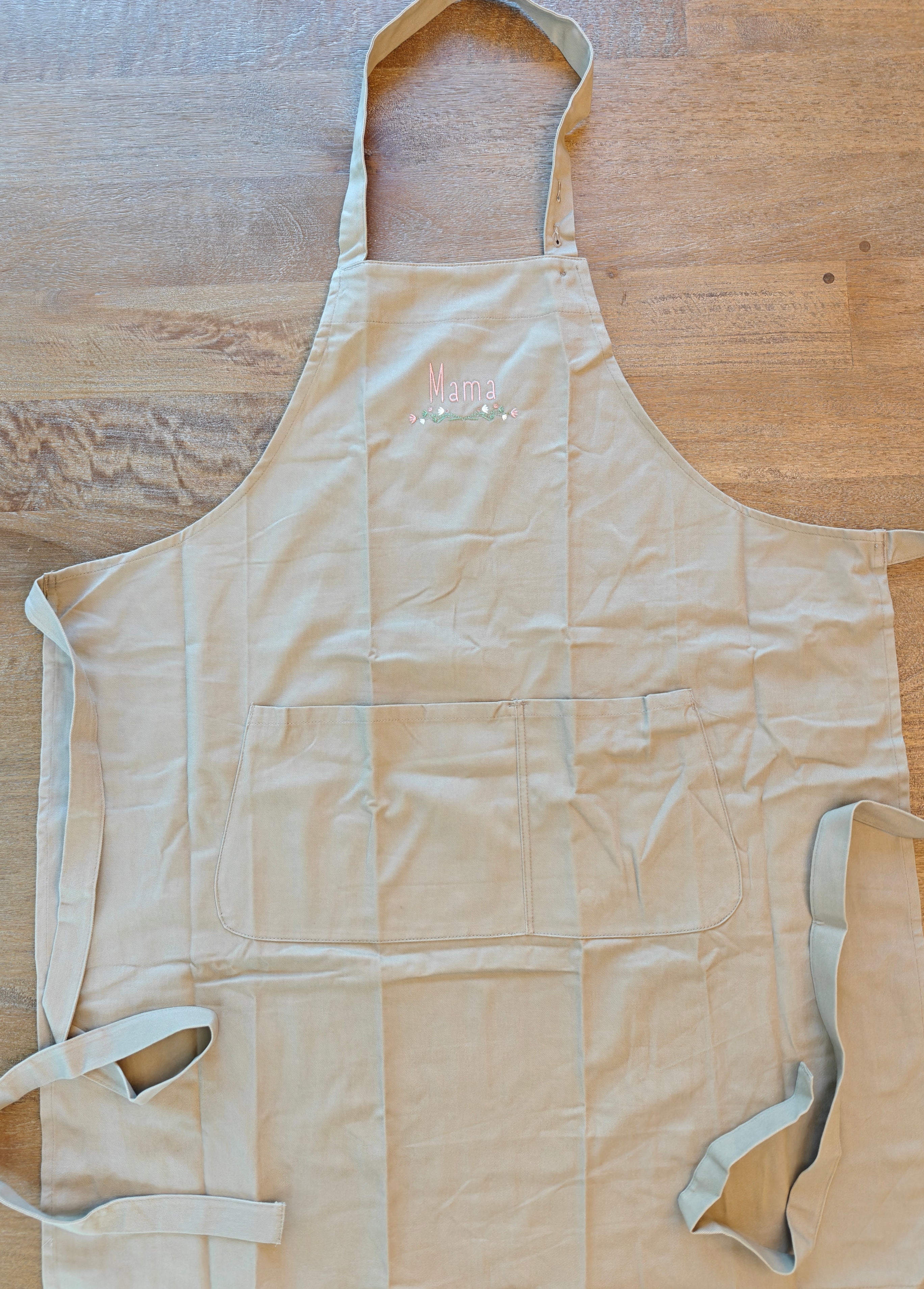 Mama embroidered floral Organic cotton kitchen apron, for mother's Day or birthdays
