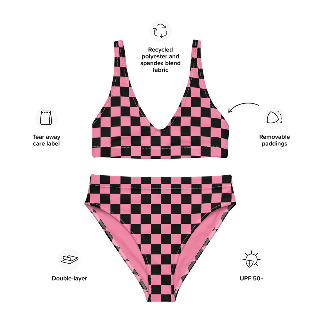 Pink and black checkered high - waisted bikini