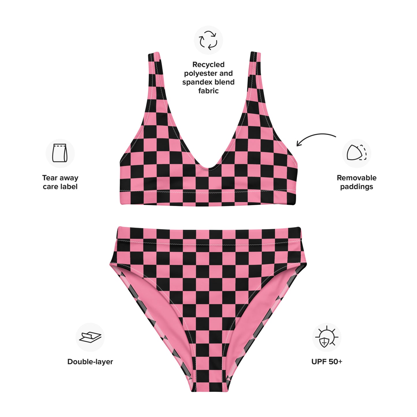 Pink and black checkered high-waisted bikini