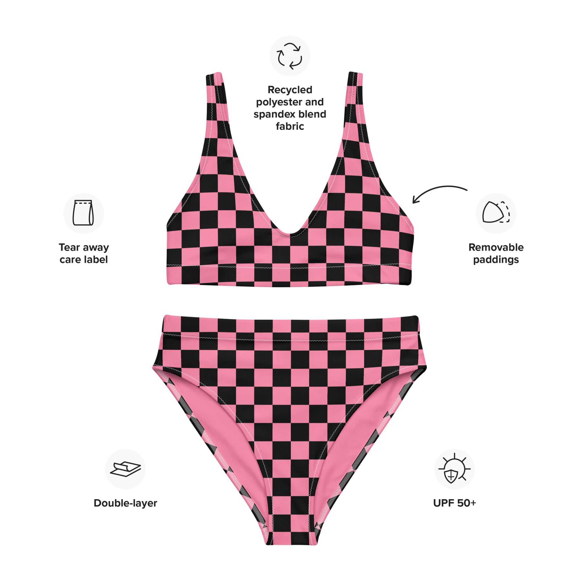 Pink and black checkered high - waisted bikini