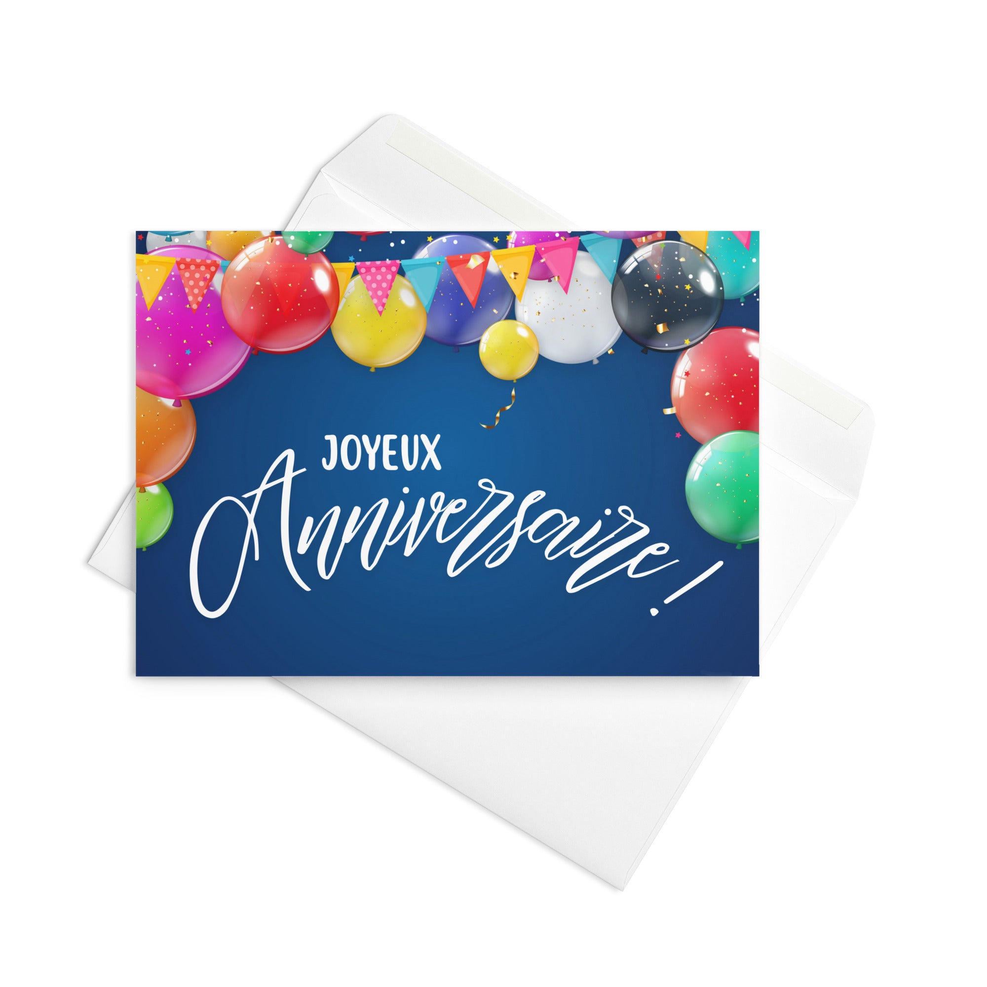 French birthday greeting card featuring "Joyeux Anniversaire" text in white script on navy blue background, decorated with colorful balloons in pink, red, yellow, green, purple, and blue, along with festive bunting banners and confetti