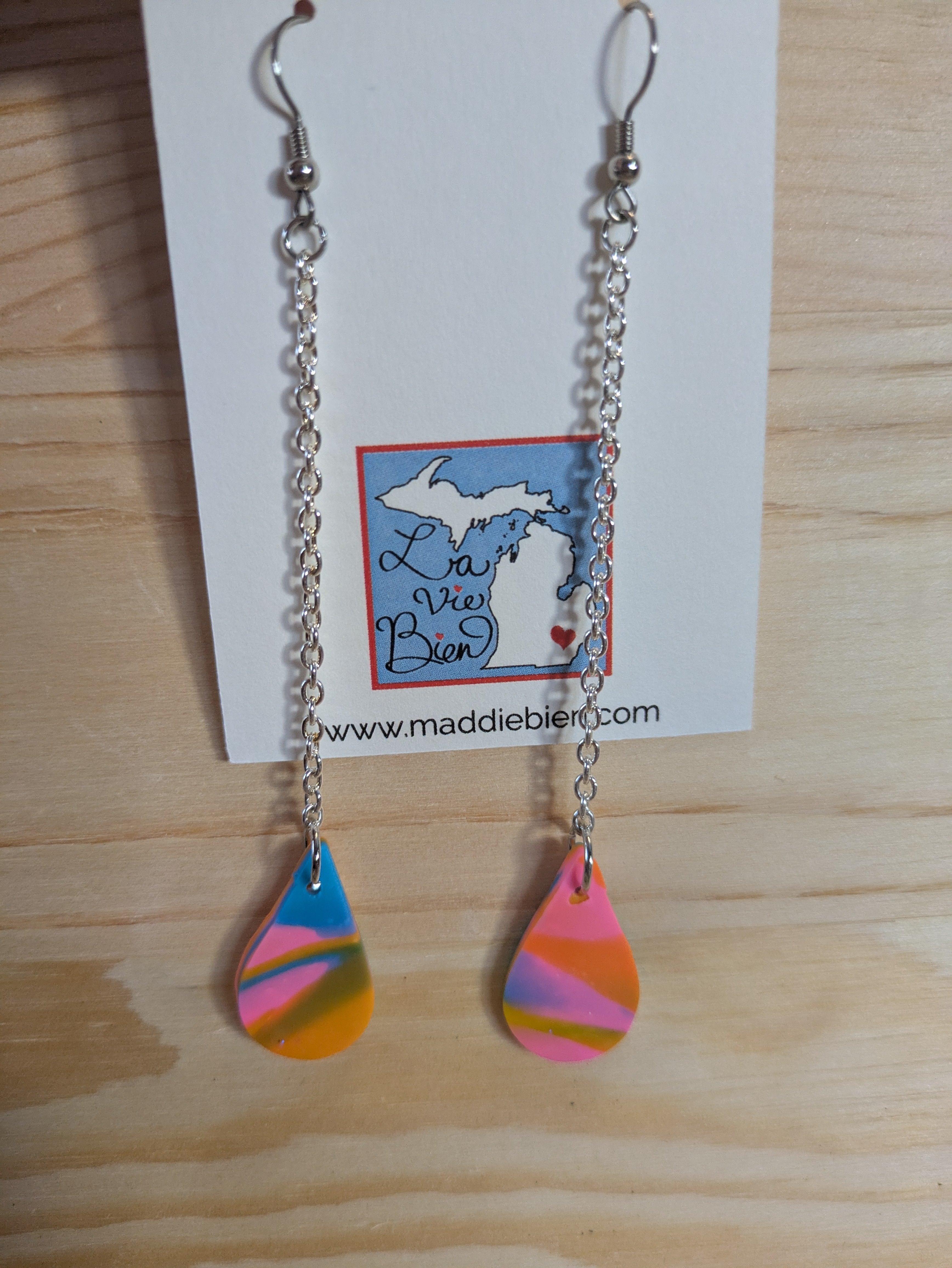 Neon vibes dangle earrings, for pierced ears, handmade jewelry perfect for gifting, made in Michigan USA. Yellow blue and pink colorful