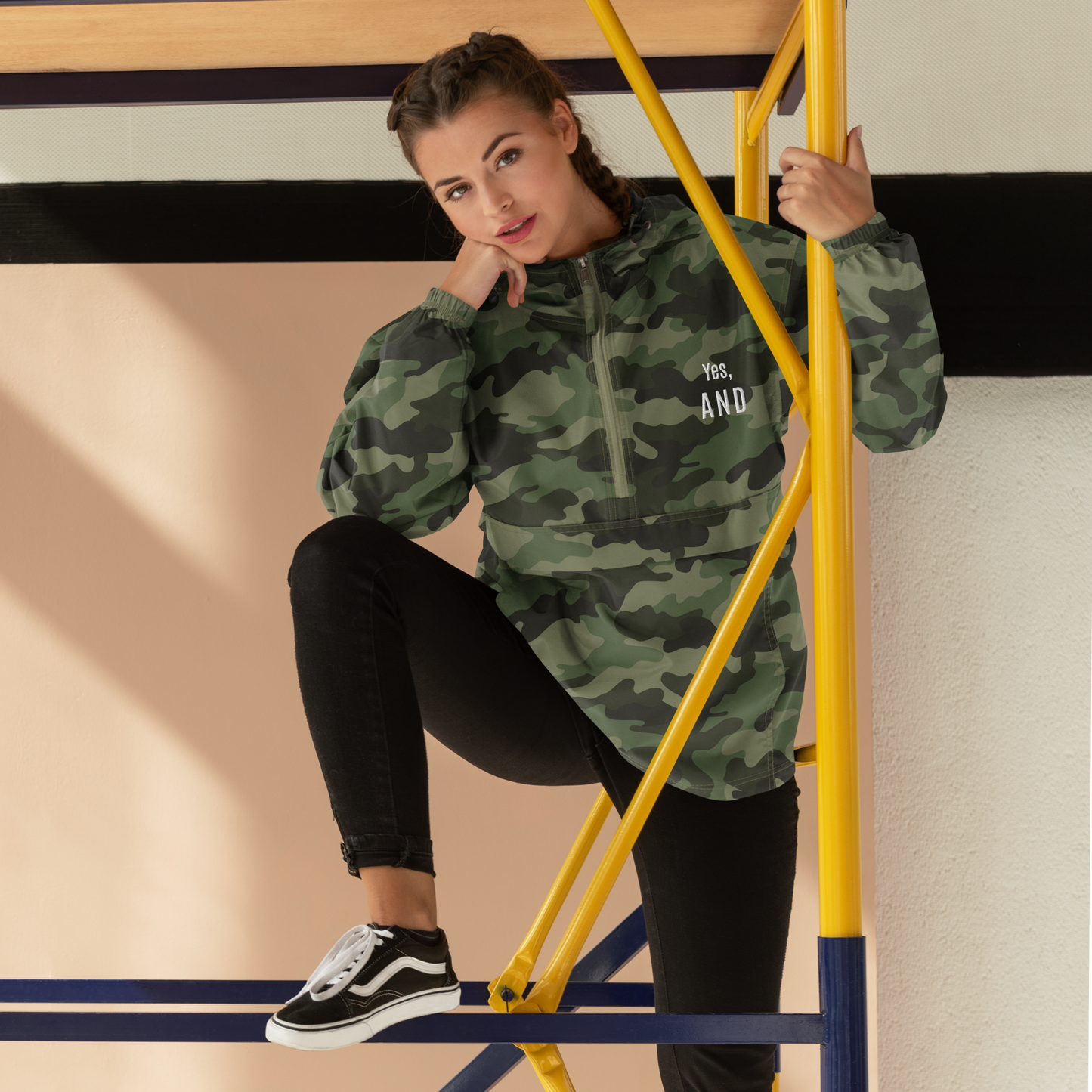Yes, AND Embroidered Champion Packable Jacket, for improv lovers