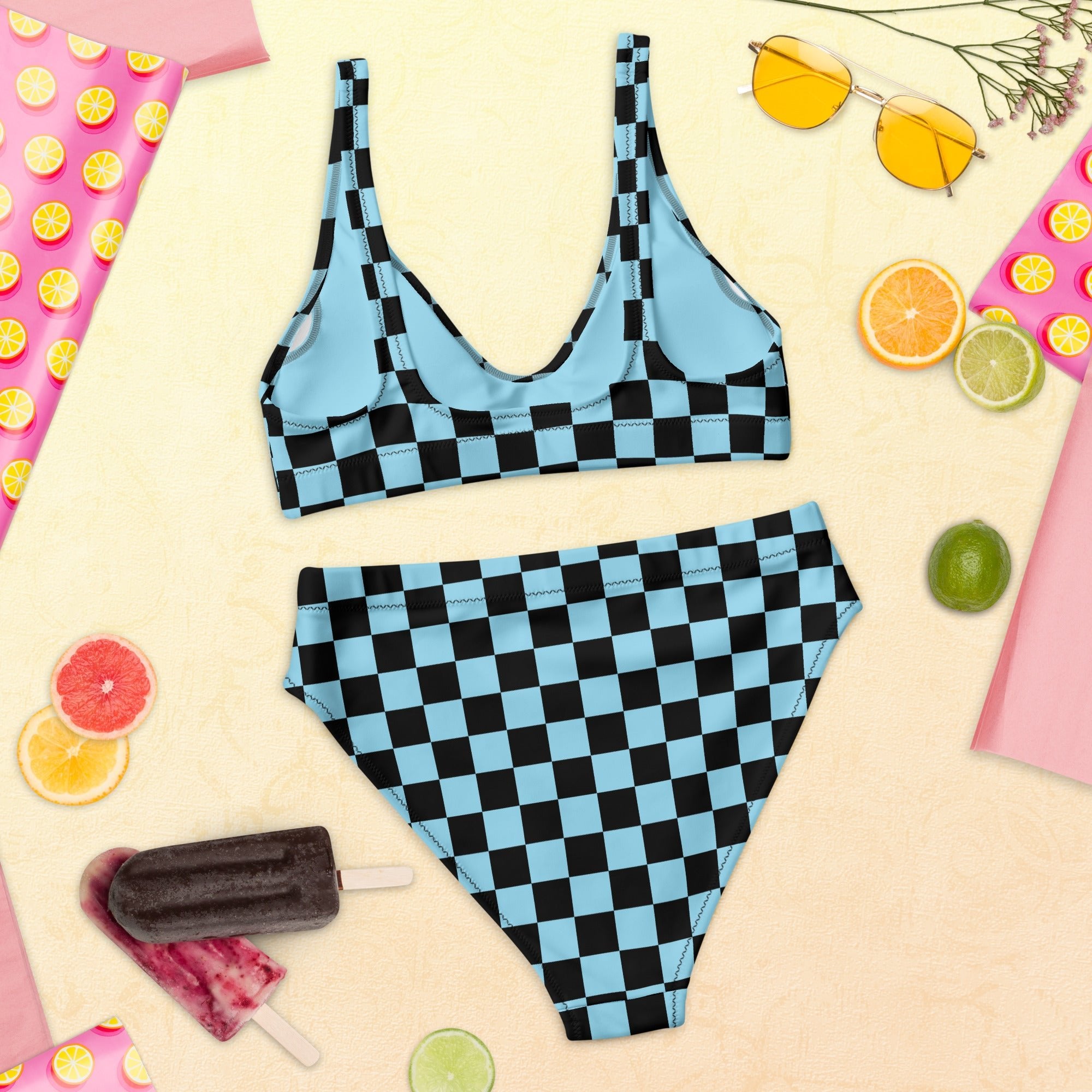 Blue and black checkered high - waisted bikini