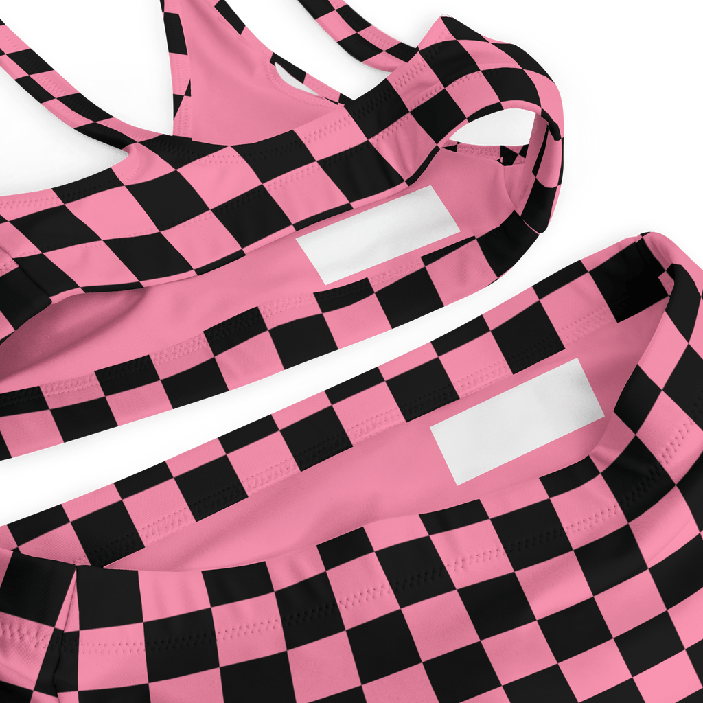 Pink and black checkered high - waisted bikini