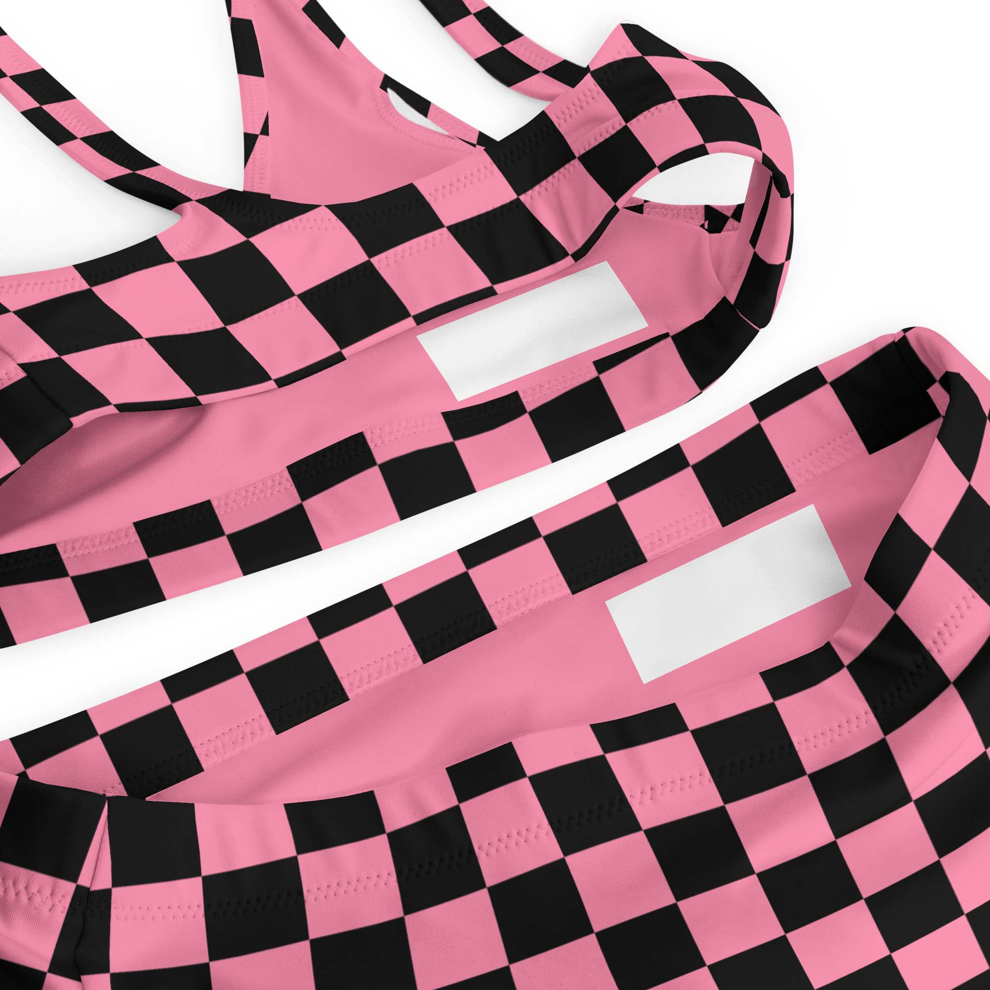 Pink and black checkered high - waisted bikini