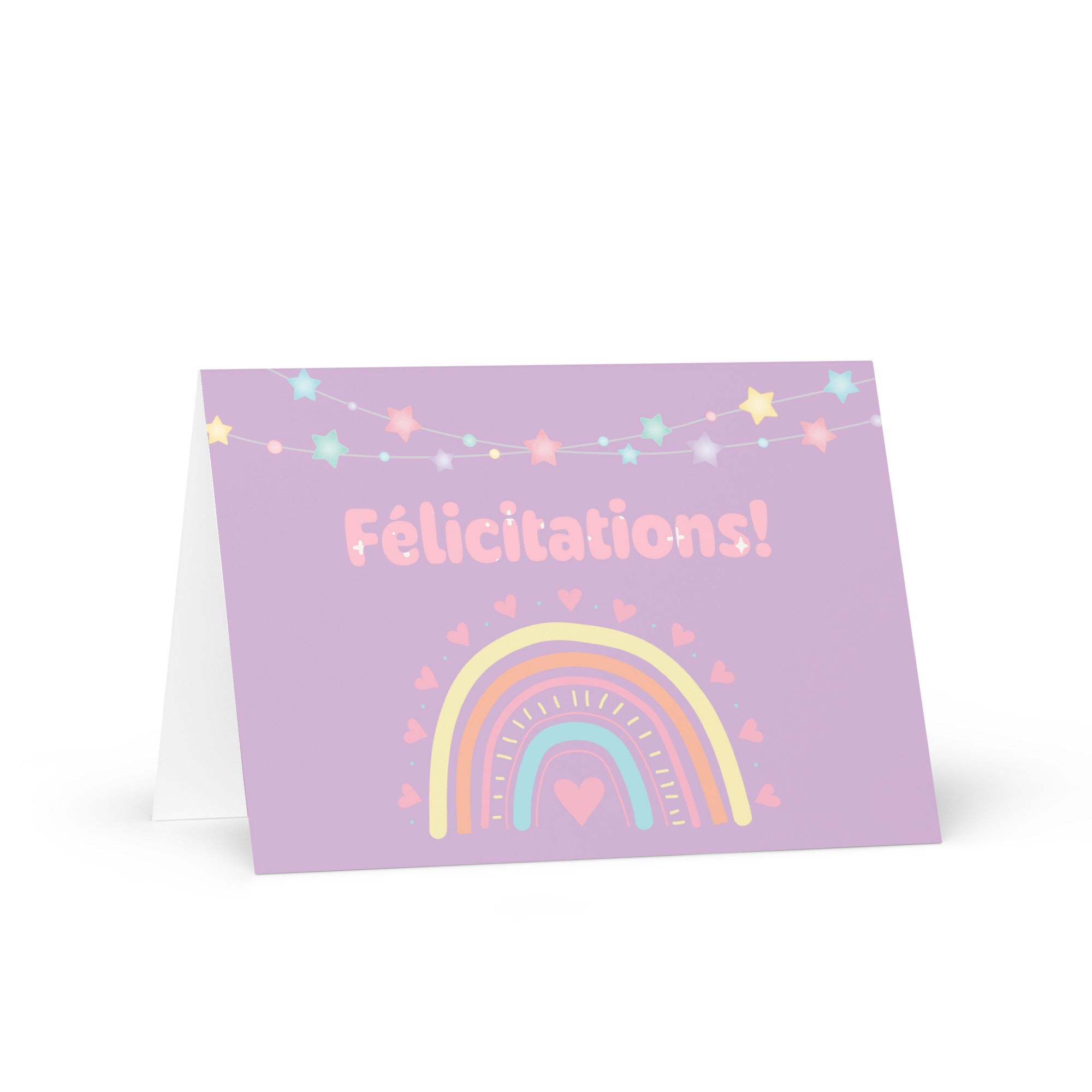 French greeting card with purple background featuring "Félicitations!" text in pink letters, decorated with a pastel rainbow, colorful star garland, and small heart details