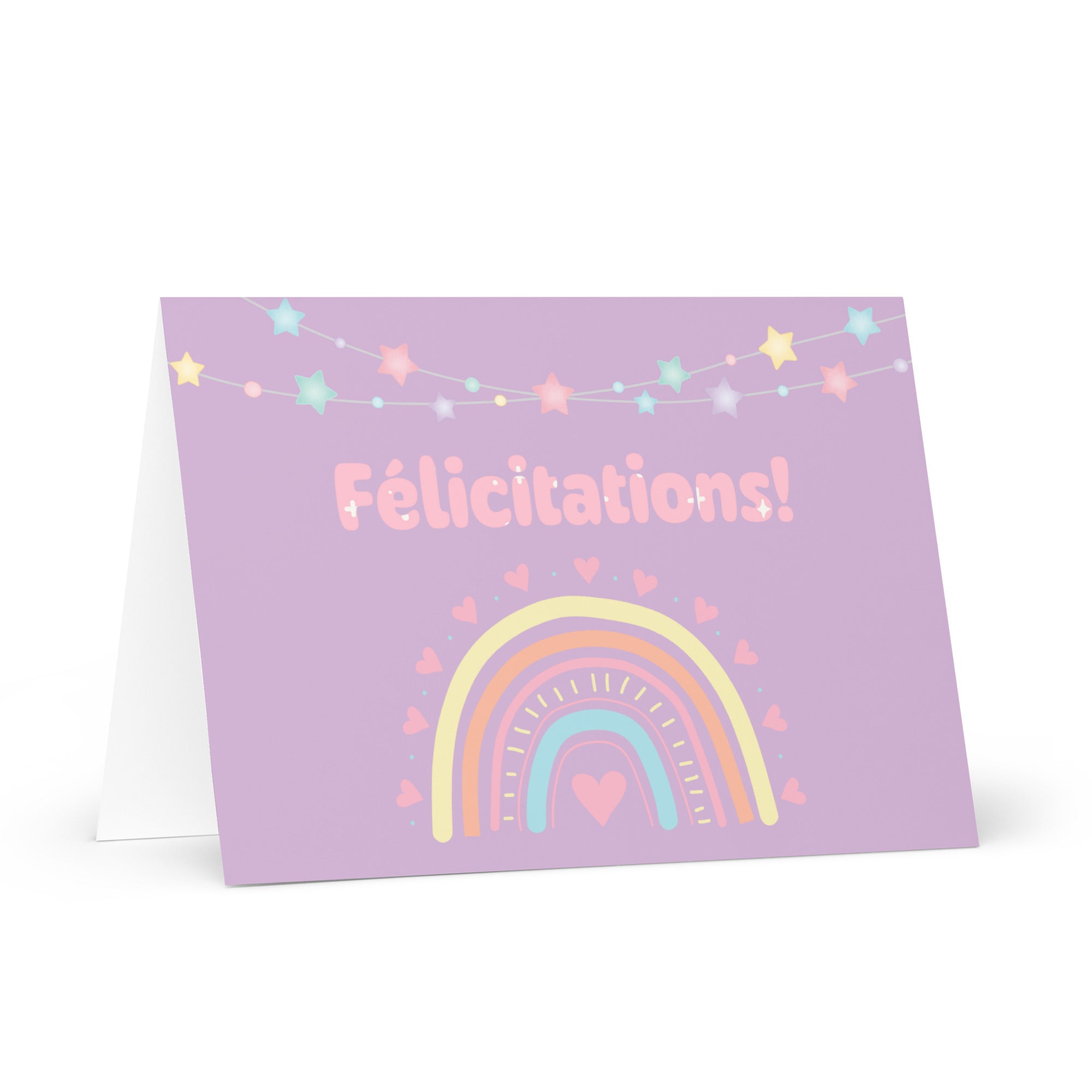 French greeting card with purple background featuring "Félicitations!" text in pink letters, decorated with a pastel rainbow, colorful star garland, and small heart details