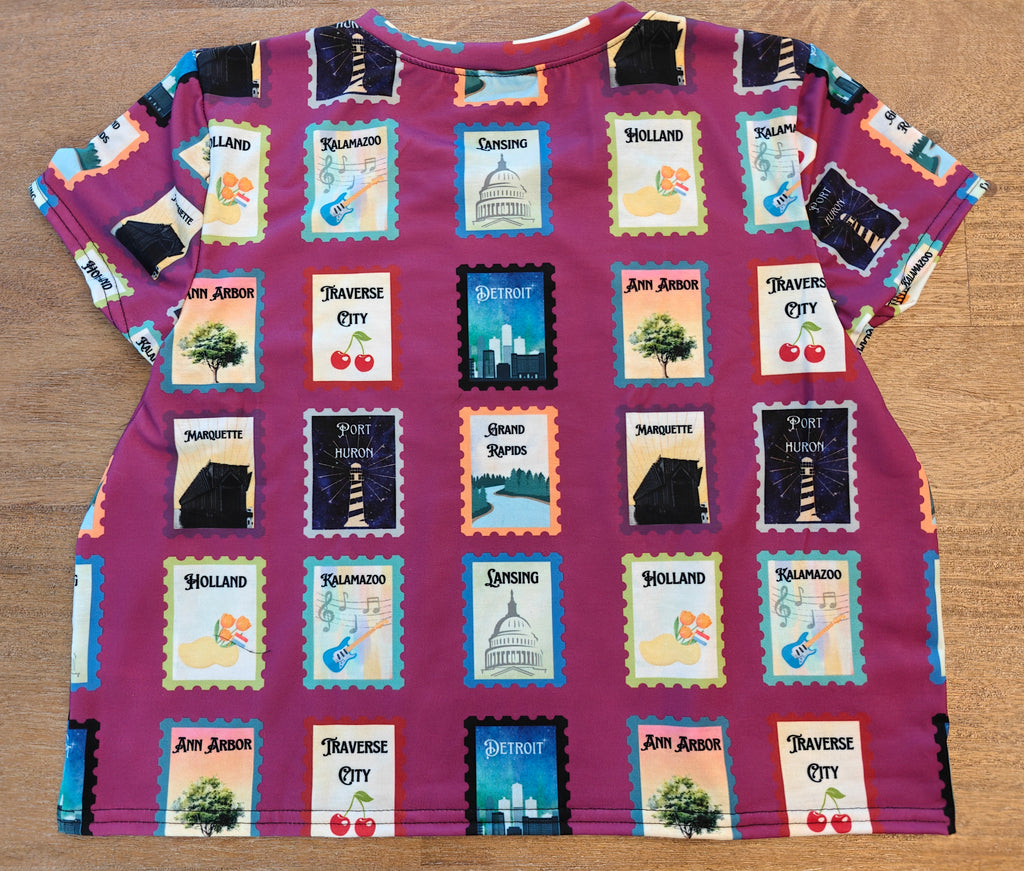 Michigan cities postage stamps Crop Tee- featuring Grand rapids, Marquette, Kalamazoo and more!