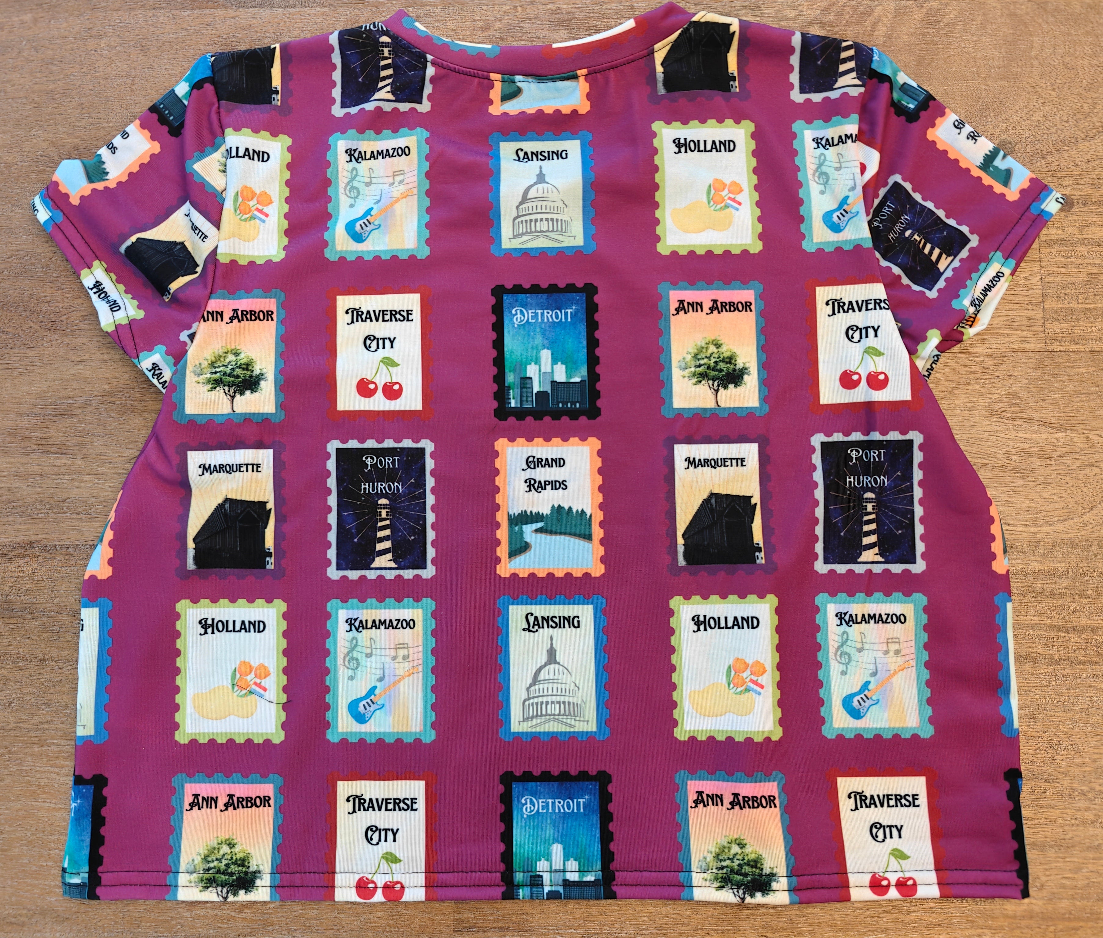 Michigan cities postage stamps Crop Tee- featuring Grand rapids, Marquette, Kalamazoo and more!