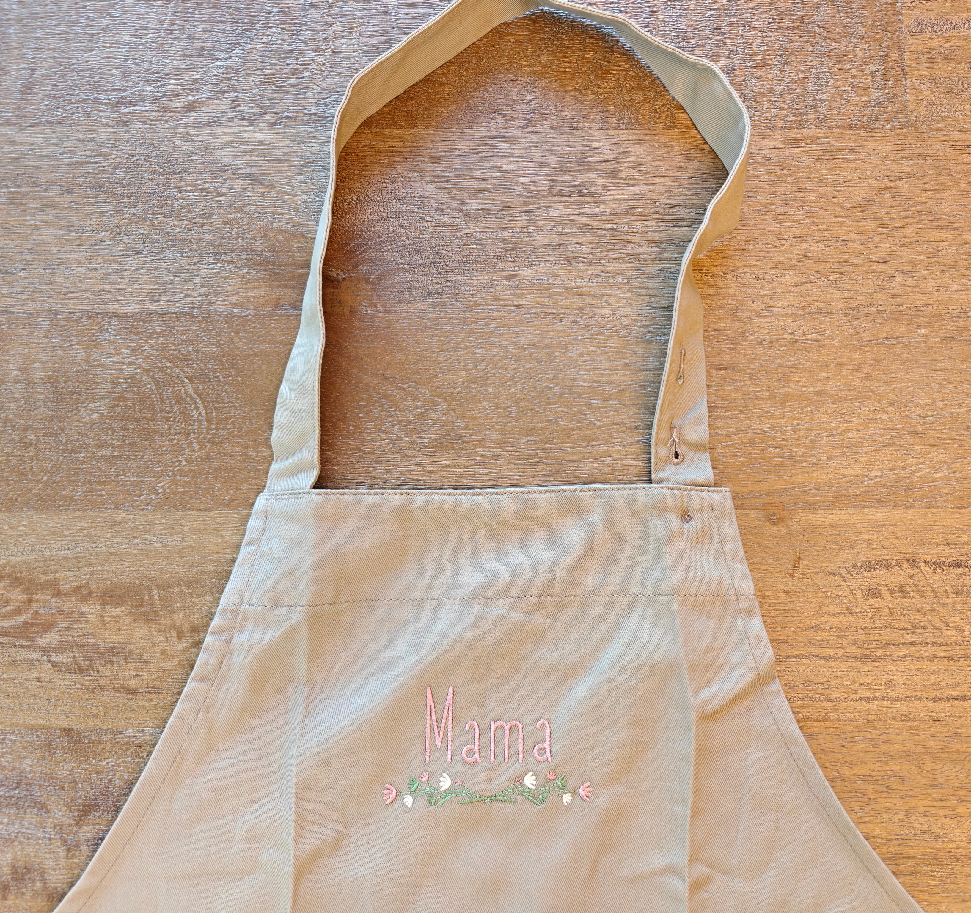 Mama embroidered floral Organic cotton kitchen apron, for mother's Day or birthdays