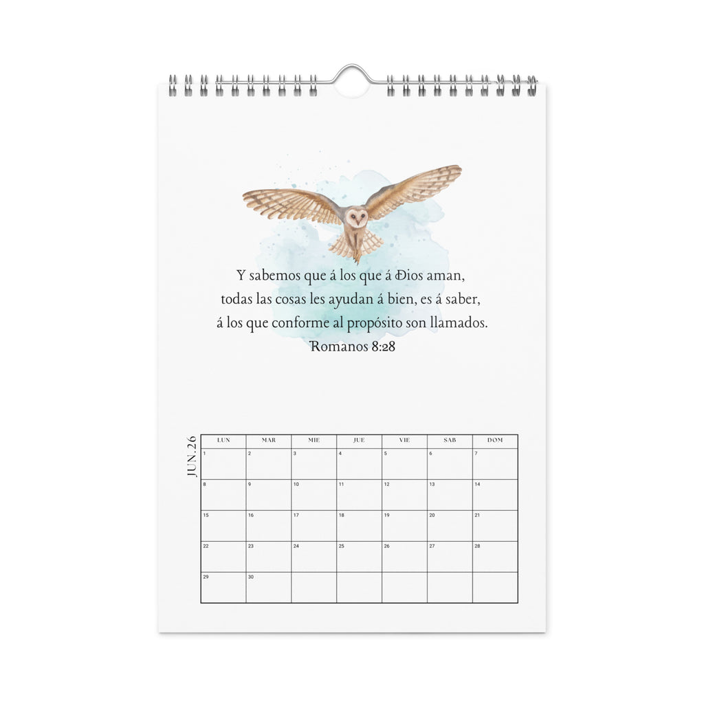 Interior page of Spanish calendar showing a watercolor nature illustration and Spanish Bible verse 