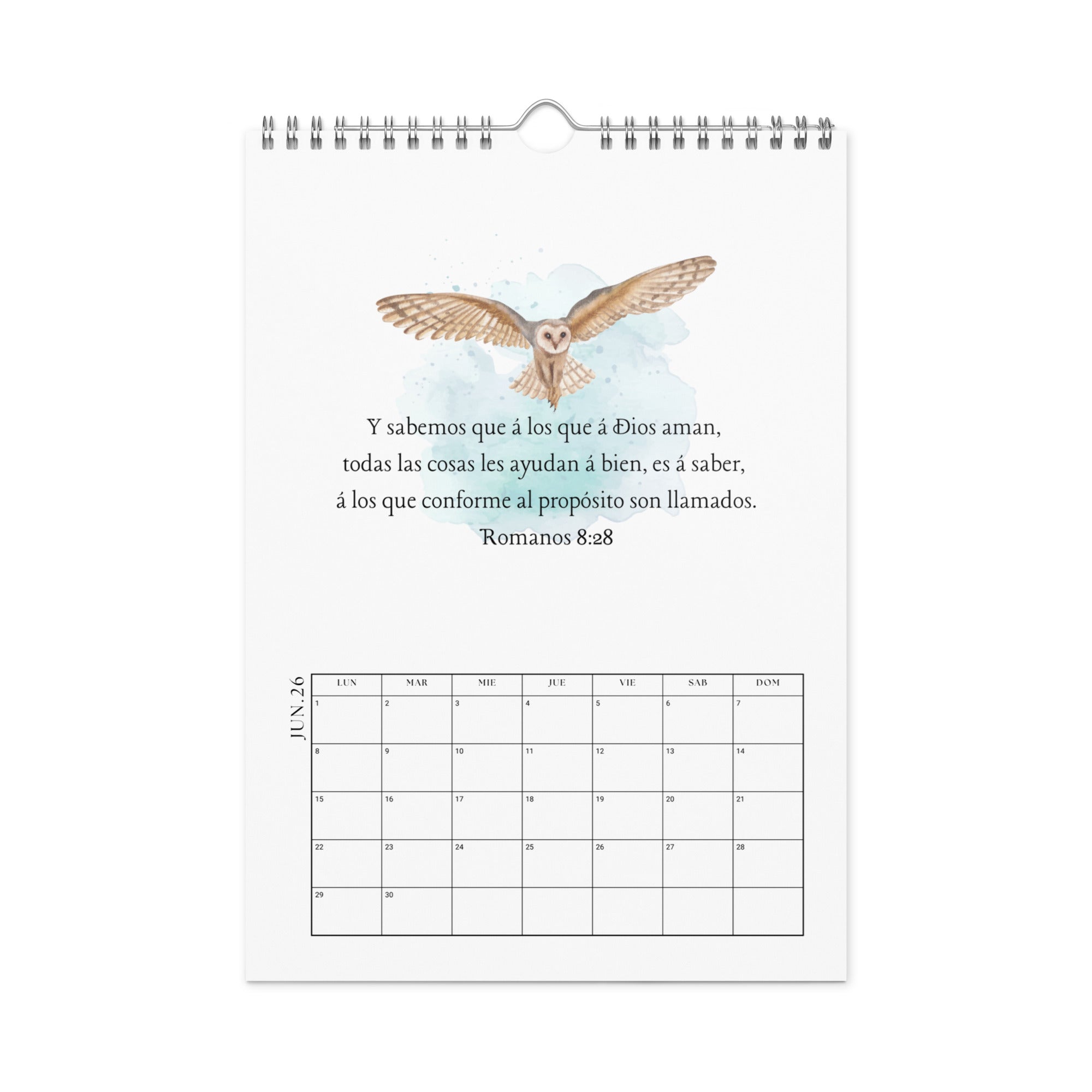 Interior page of Spanish calendar showing a watercolor nature illustration and Spanish Bible verse 