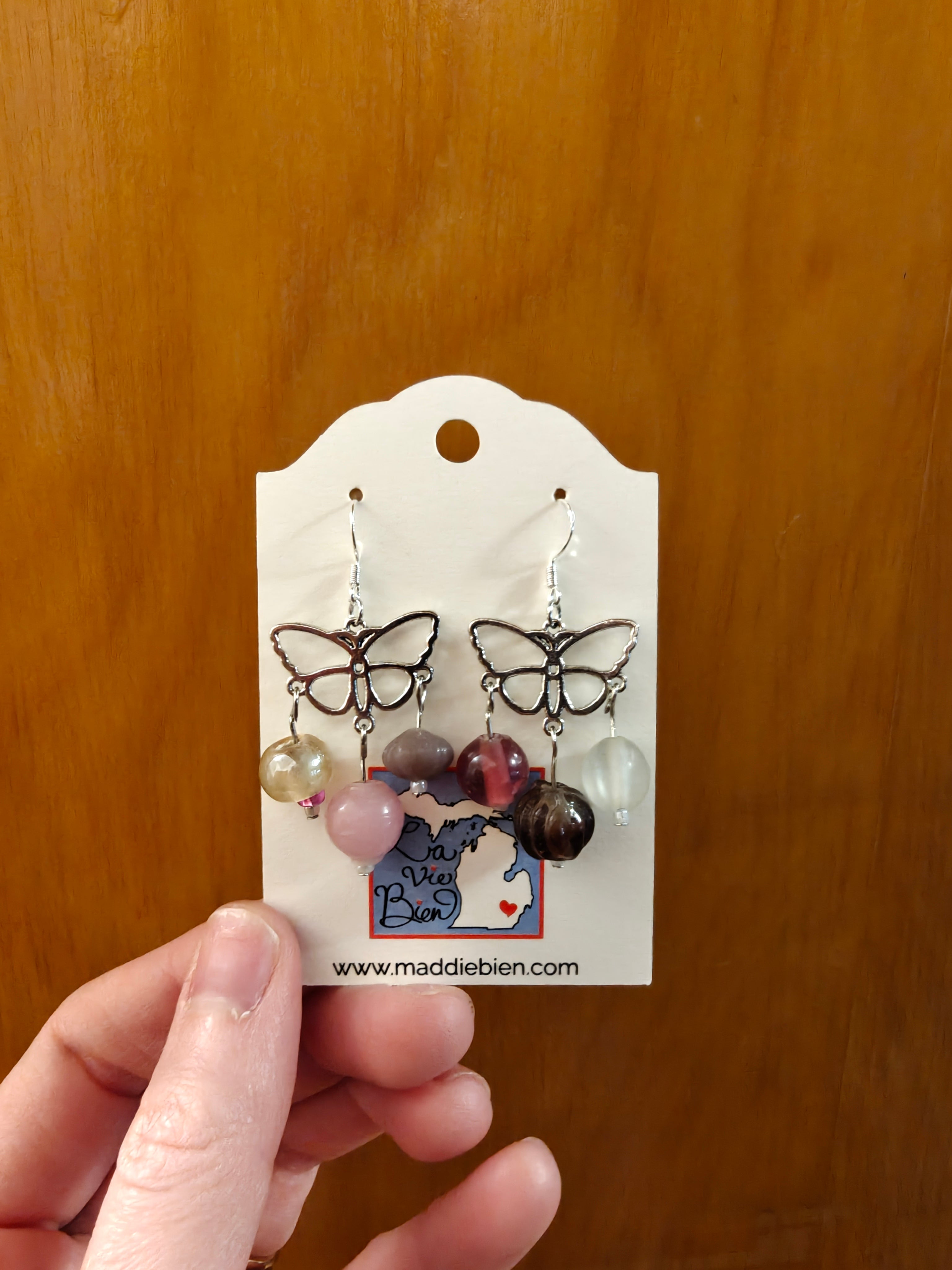 Pastel dreams beaded butterfly earrings, pink purple and white, silver hardware