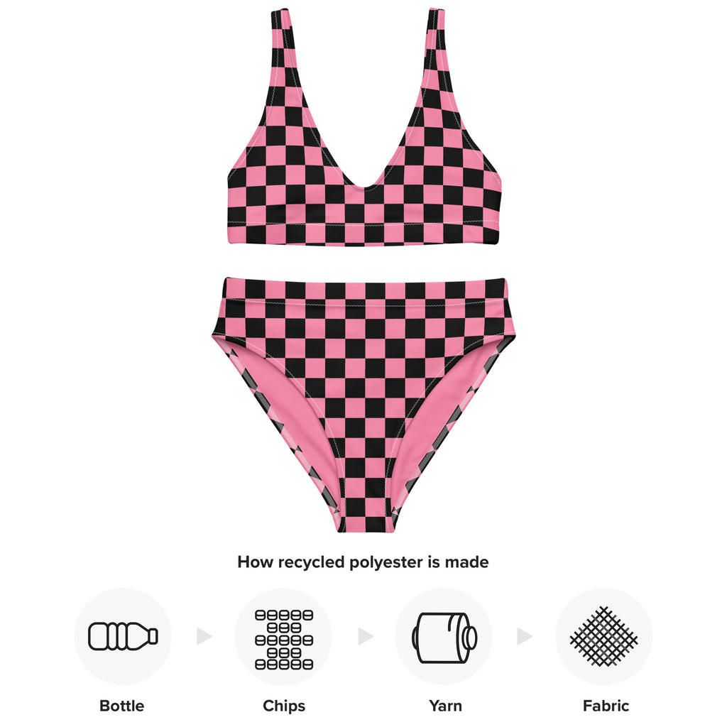 Pink and black checkered high - waisted bikini