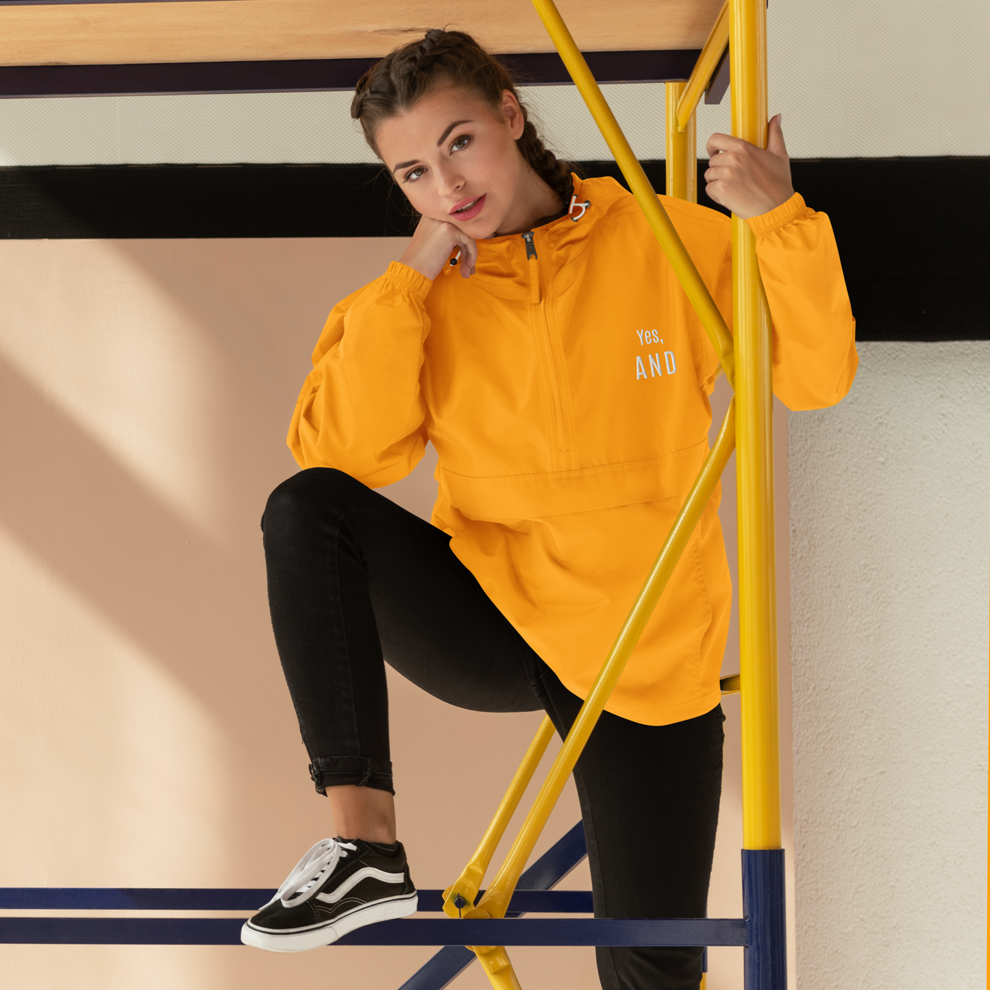 Yes, AND Embroidered Champion Packable Jacket, for improv lovers